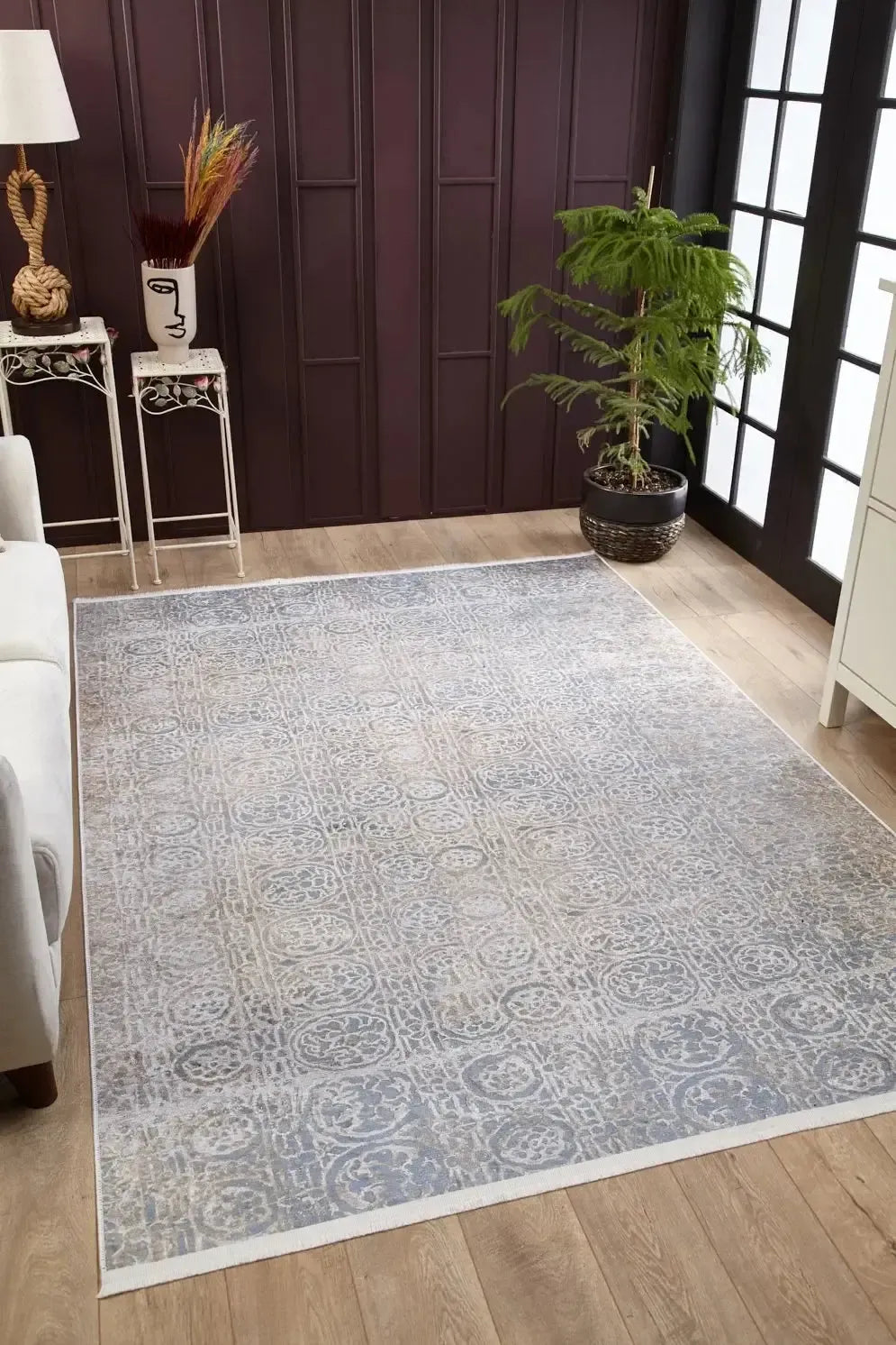 Bej Gri Mavi Tonlarda Yuvarlak Motifli Halı