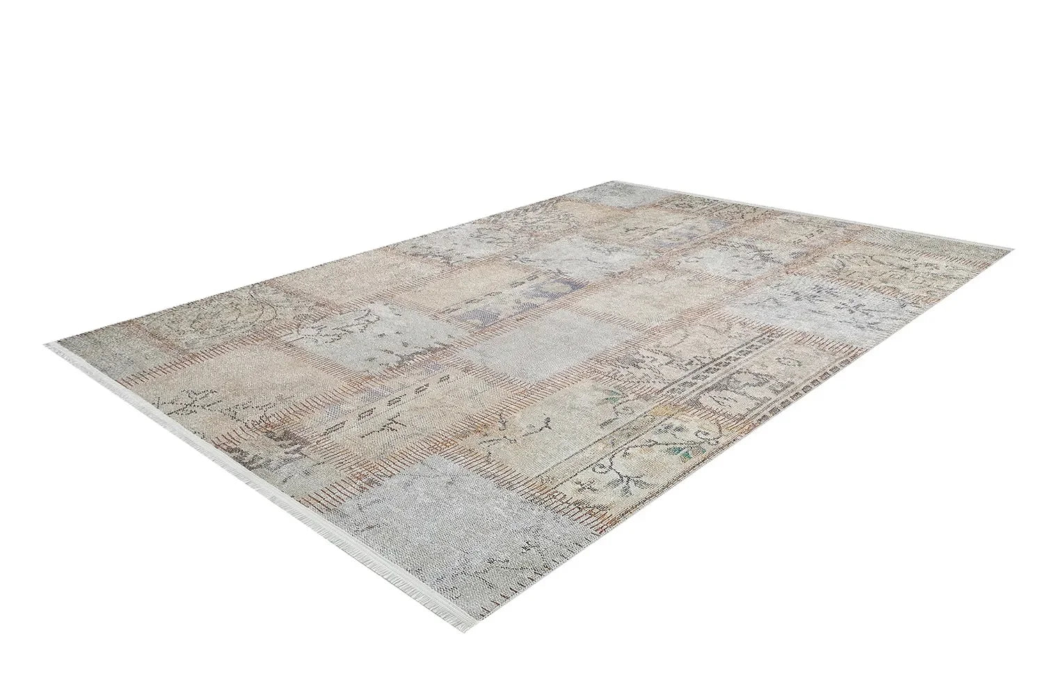 Bej Gri Pastel Tonlarda Eskitme Patchwork Görünümlü Halı