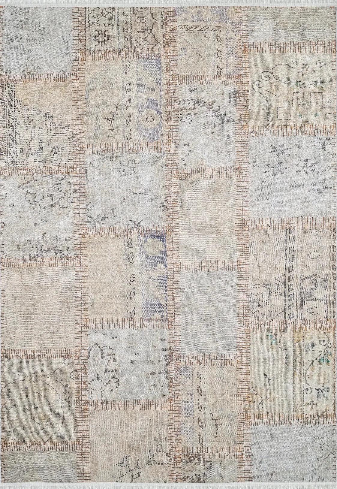 Bej Gri Pastel Tonlarda Eskitme Patchwork Görünümlü Halı