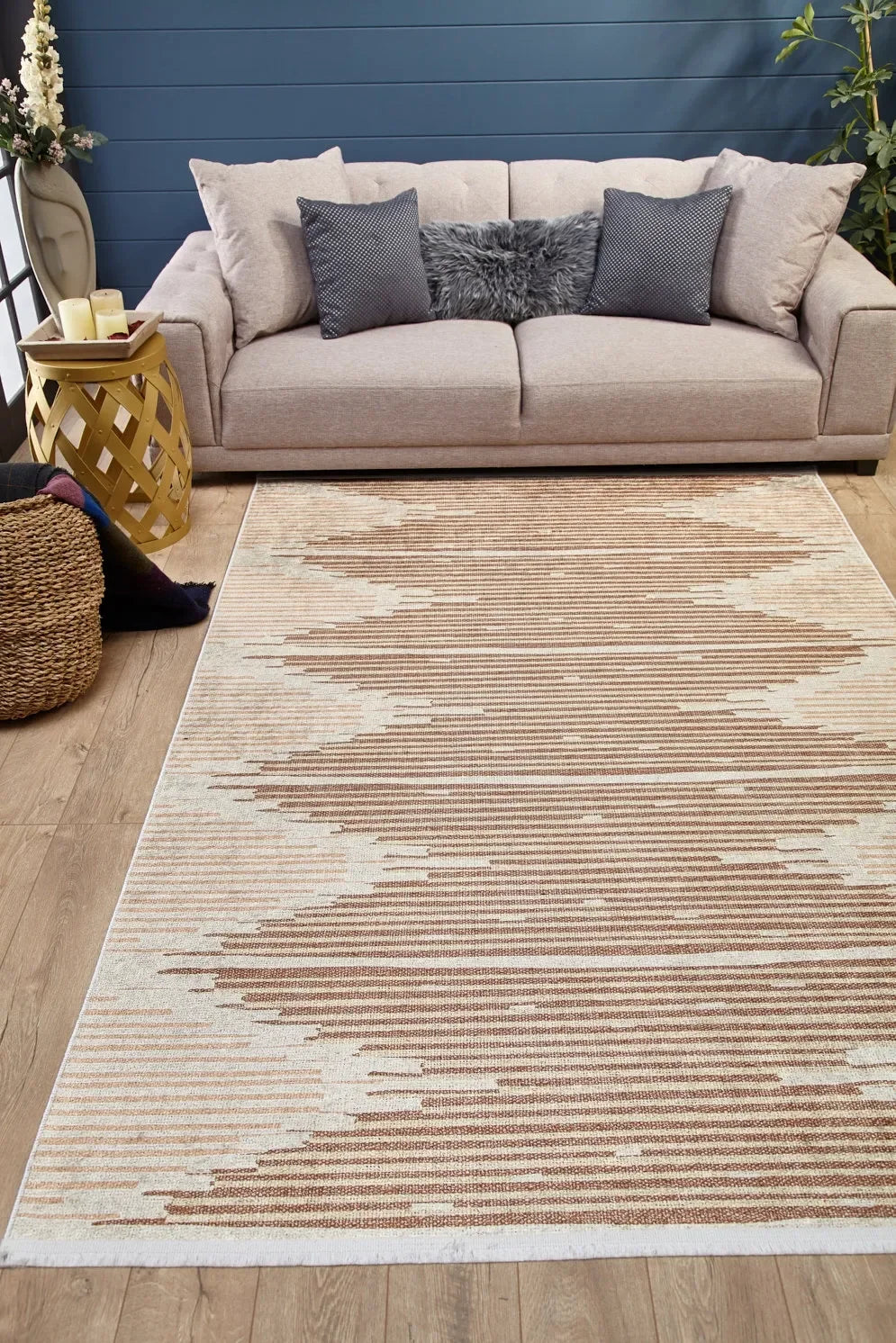Bej Kahve Etnik Yatay Çizgili Modern Halı