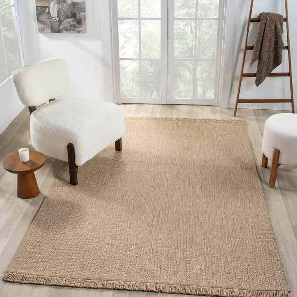 Beige Coffee Straw Textured Modern Fringed Rug - L670BJIN