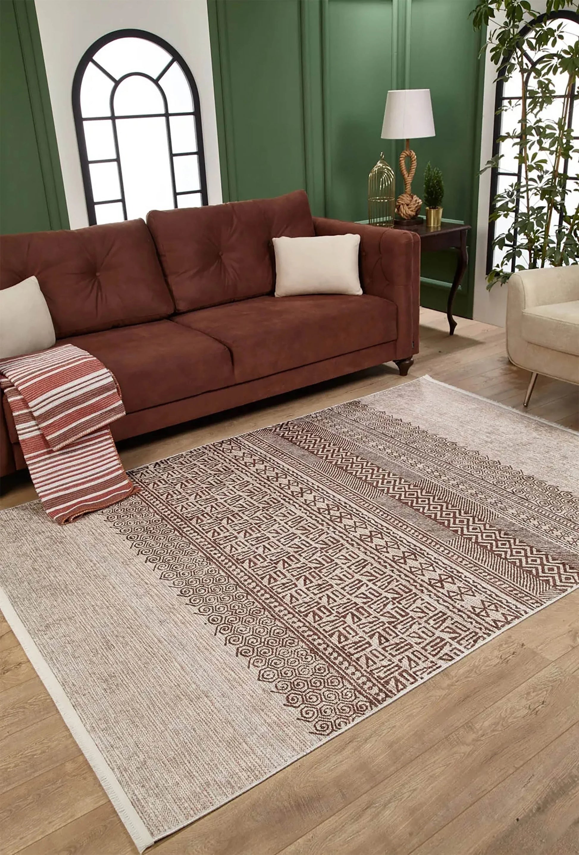 Bej Kahverengi Etnik Desenli Geometrik Anadolu Kilim Halı