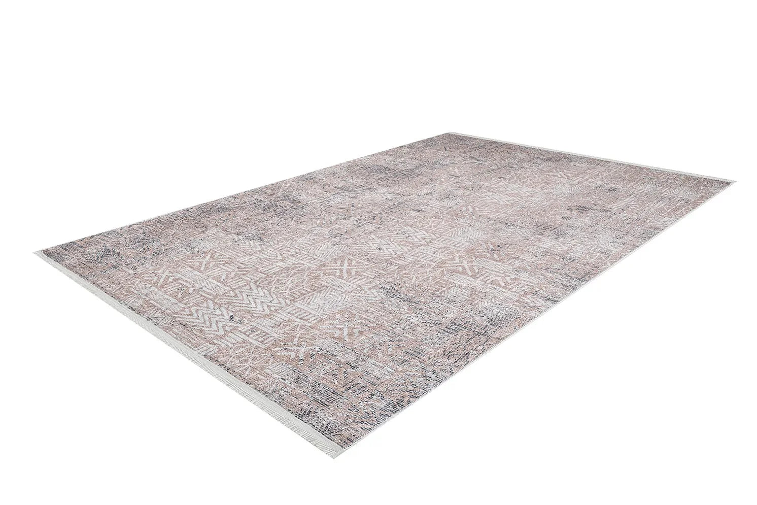 Bej Krem Kahve Etnik Geometrik Desenli Halı
