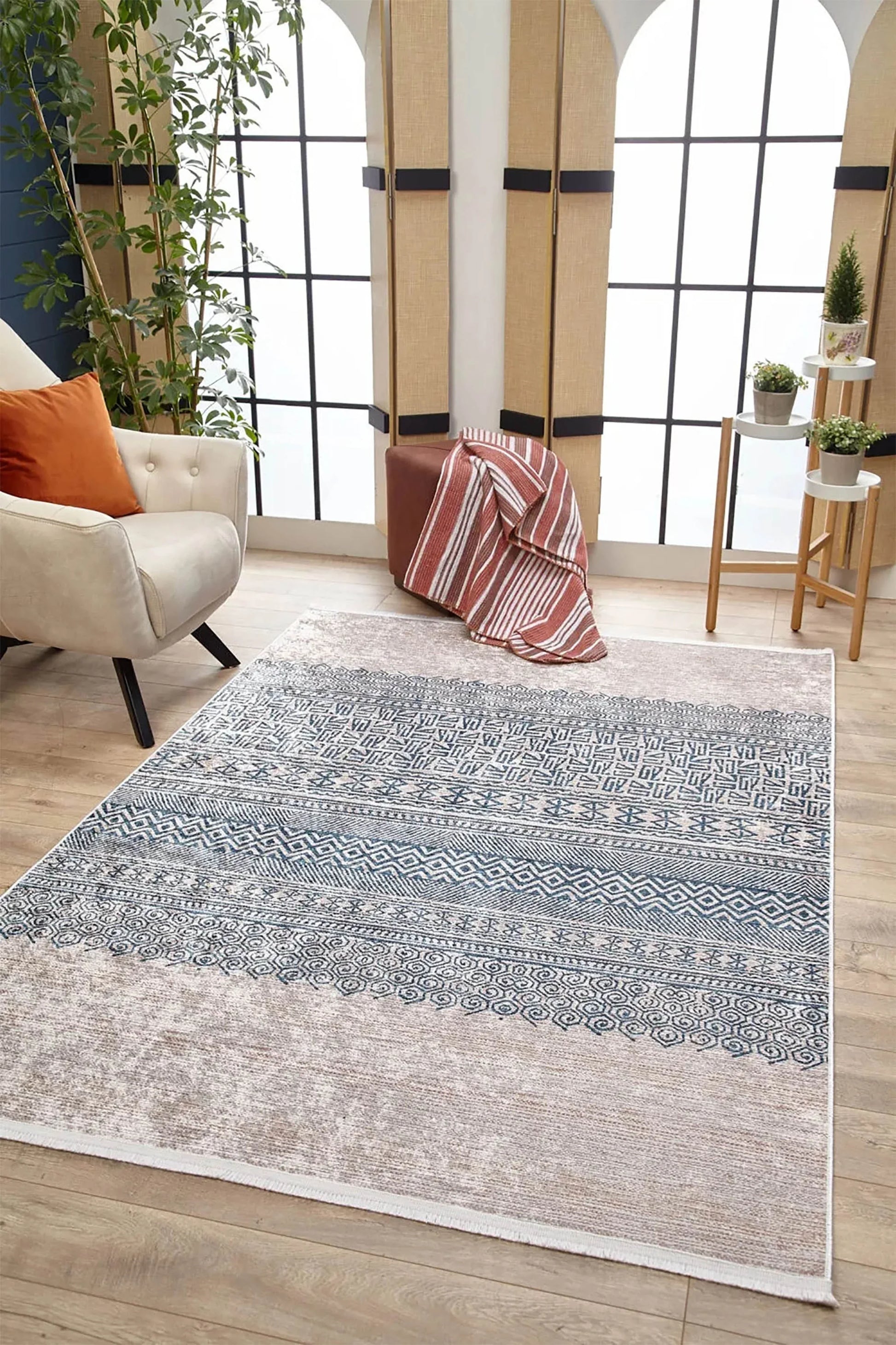 Bej Mavi Etnik Desenli Geometrik Anadolu Kilim Halı
