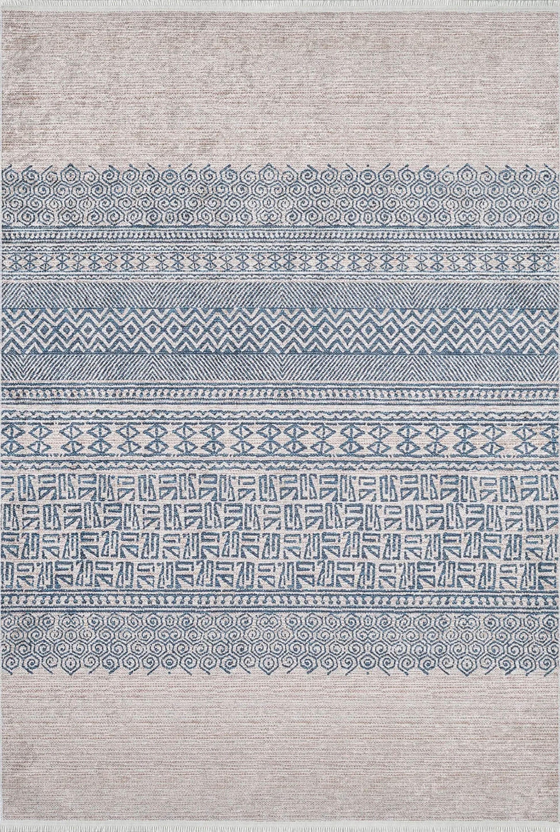 Bej Mavi Etnik Desenli Geometrik Anadolu Kilim Halı
