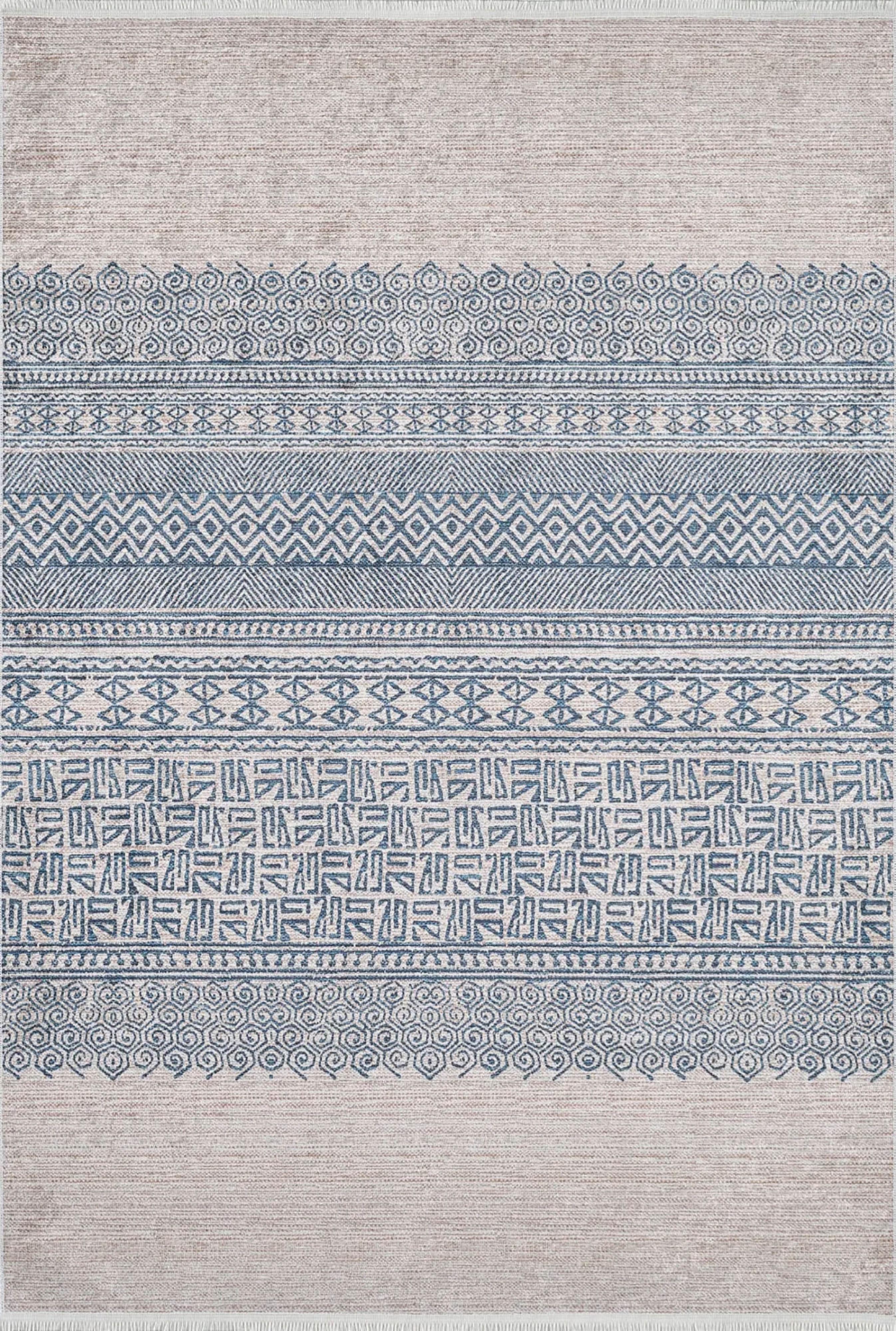 Bej Mavi Etnik Desenli Geometrik Anadolu Kilim Halı