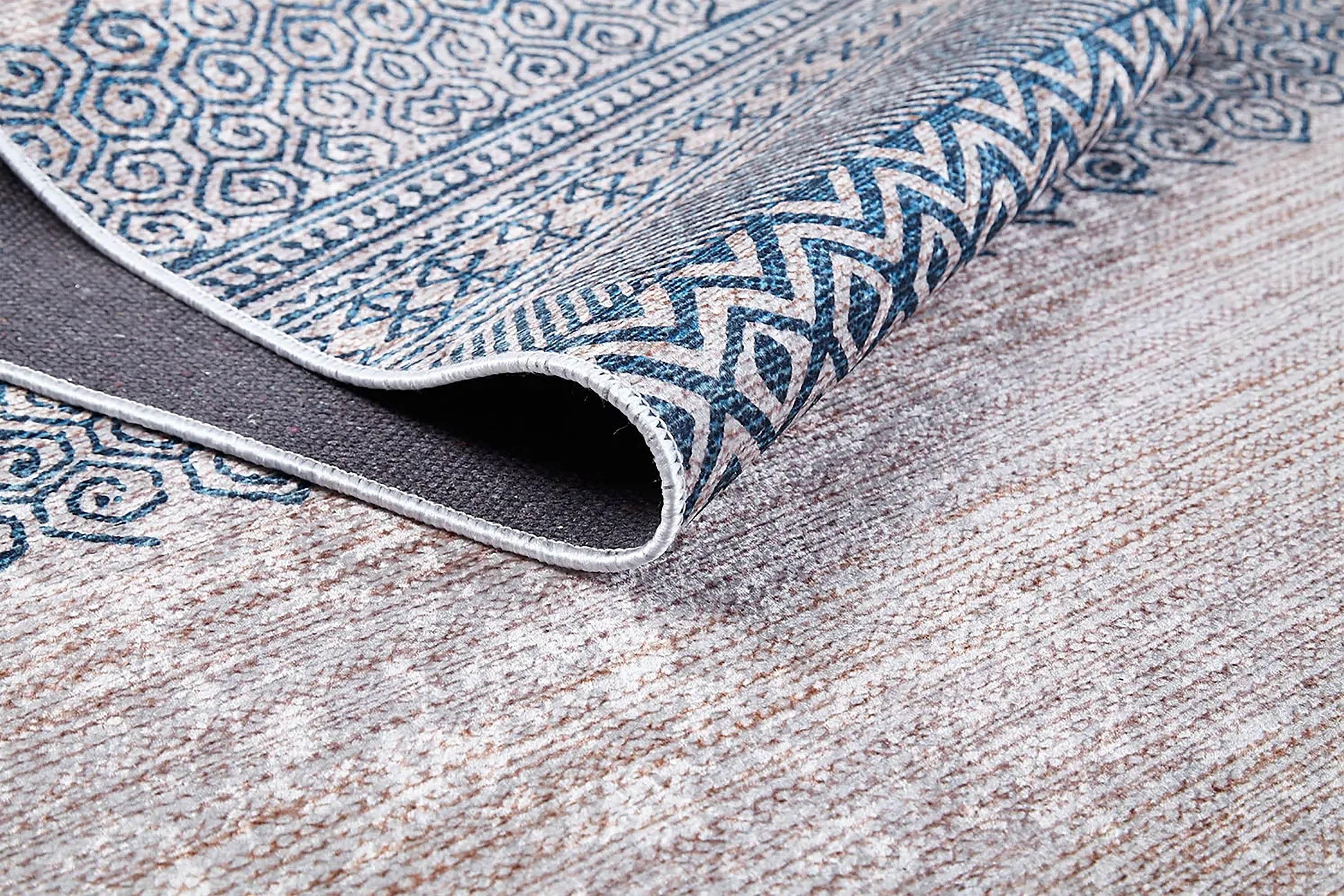 Bej Mavi Etnik Desenli Geometrik Anadolu Kilim Halı