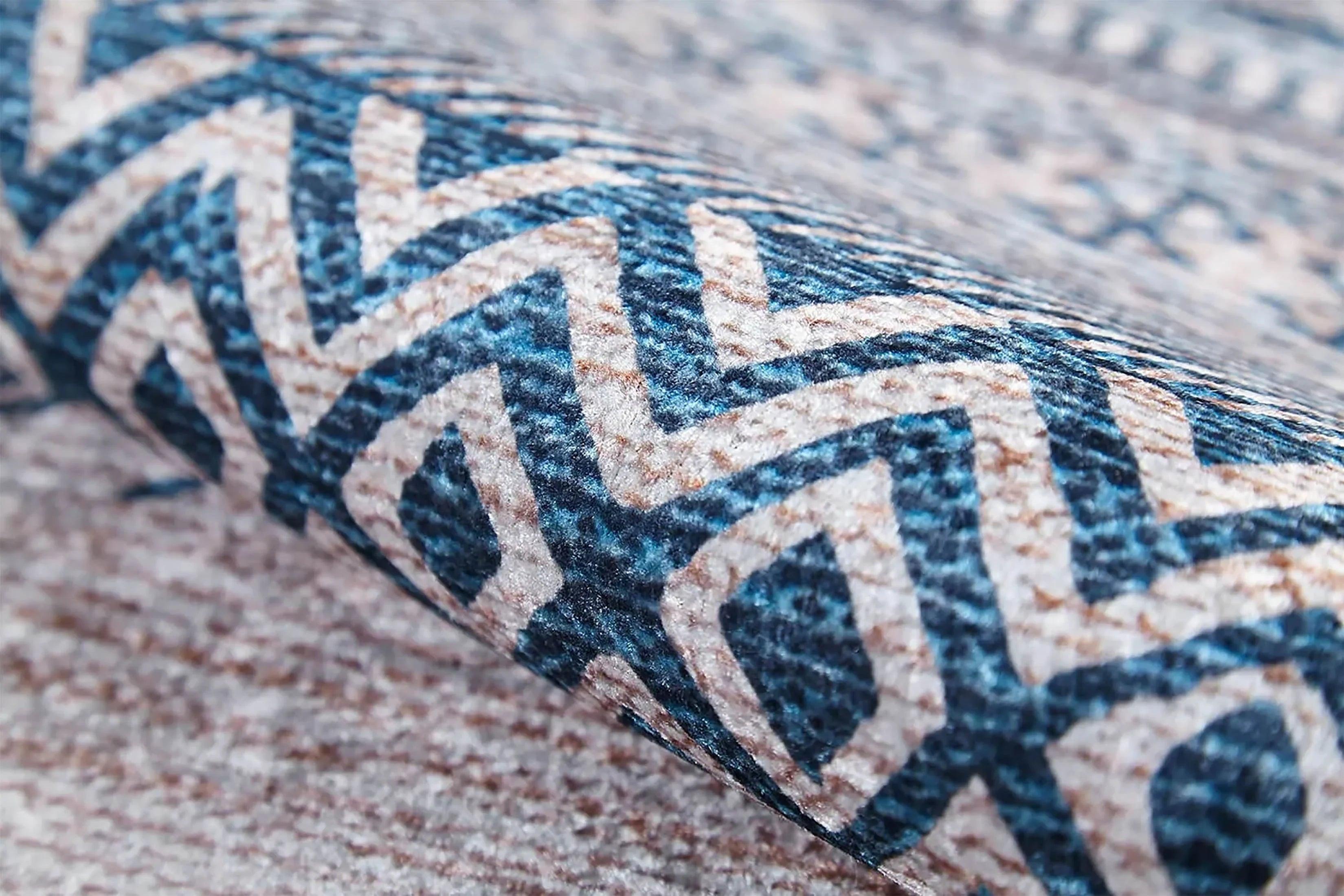 Bej Mavi Etnik Desenli Geometrik Anadolu Kilim Halı