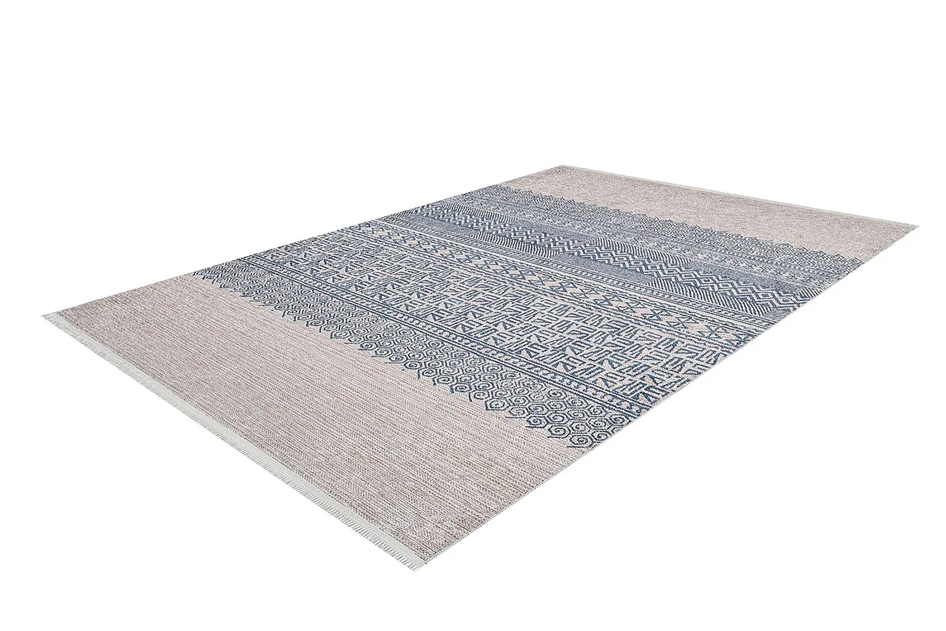 Bej Mavi Etnik Desenli Geometrik Anadolu Kilim Halı