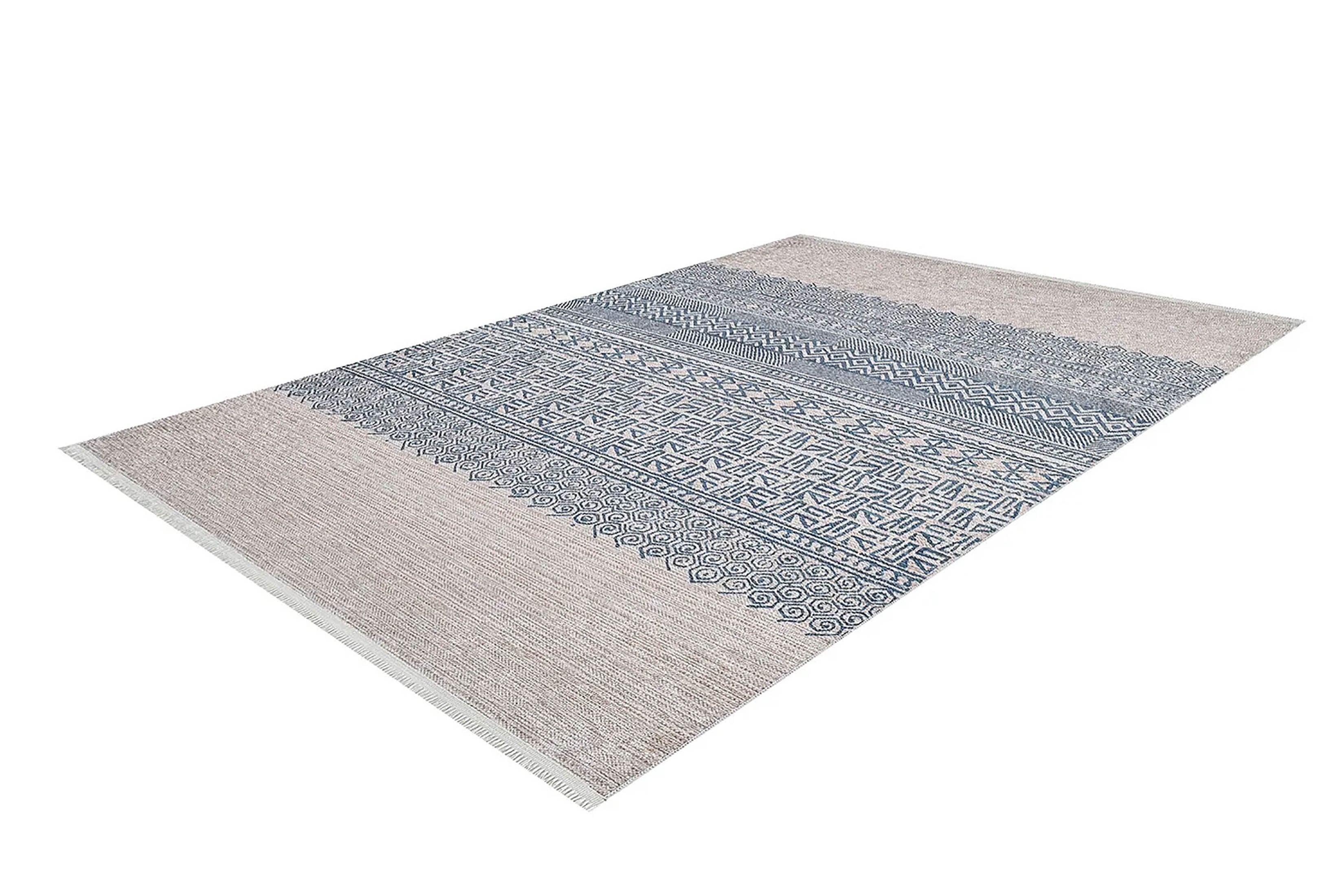Bej Mavi Etnik Desenli Geometrik Anadolu Kilim Halı