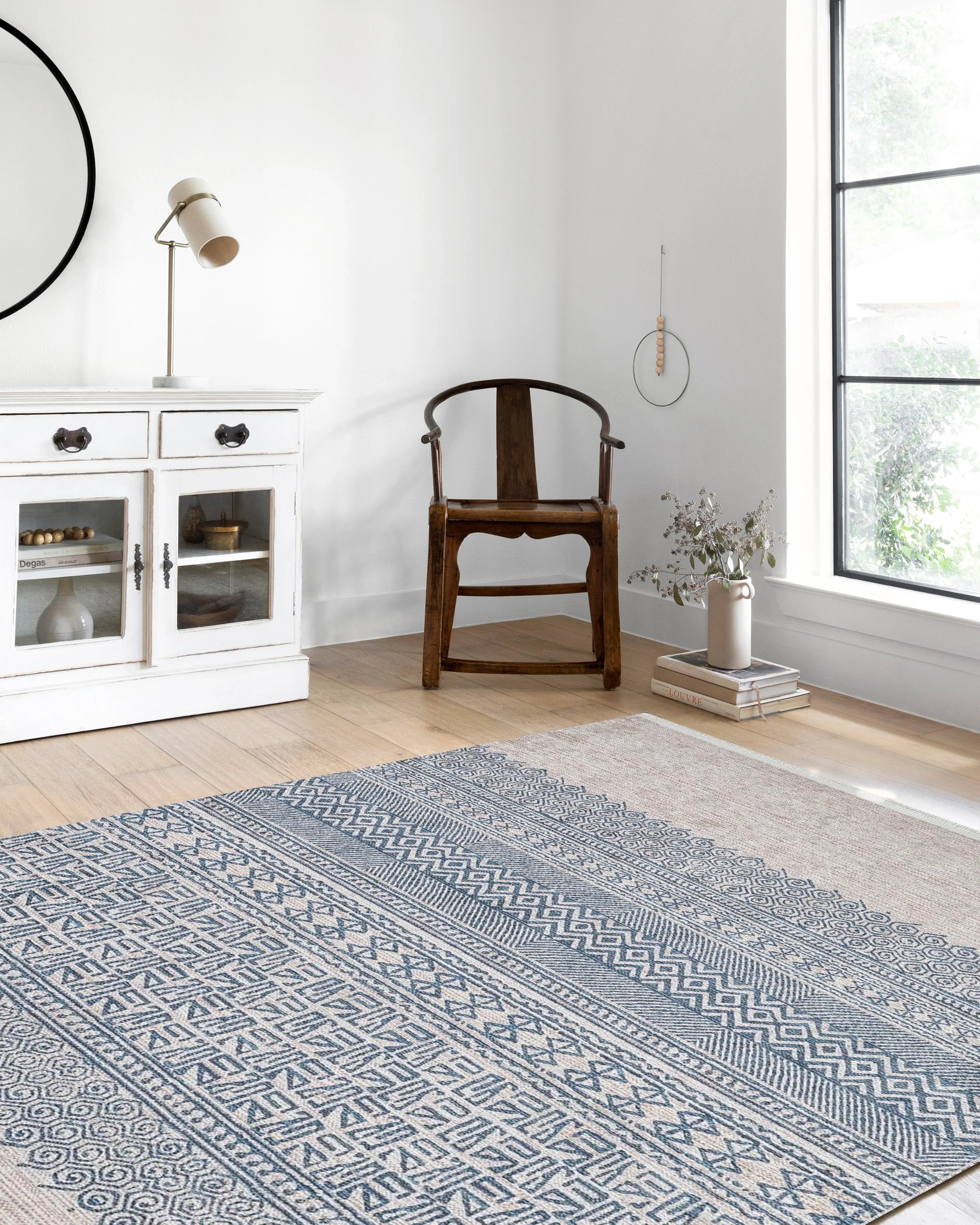 Bej Mavi Etnik Desenli Geometrik Anadolu Kilim Halı