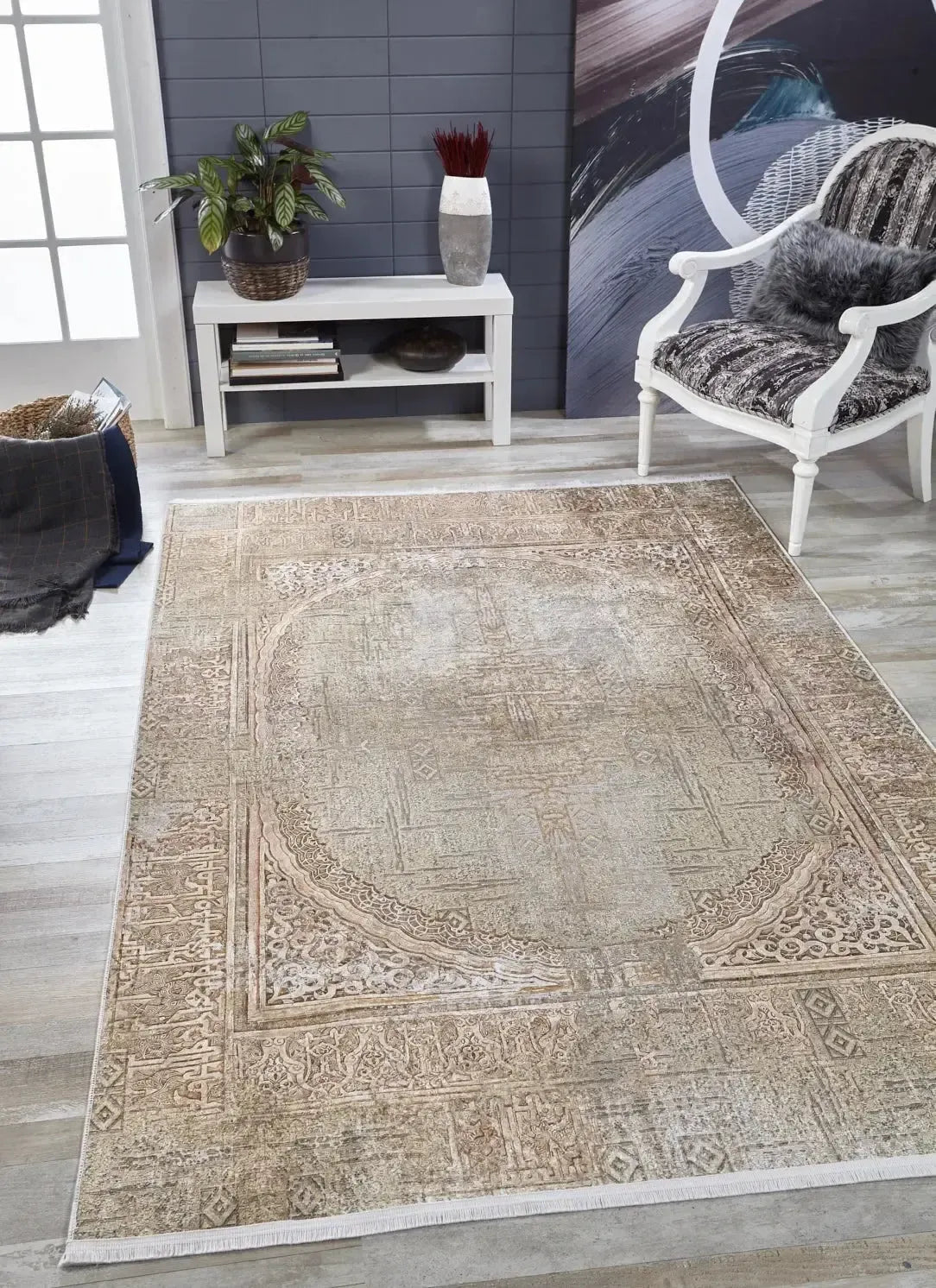 Bej Oval Motifli Modern Halı
