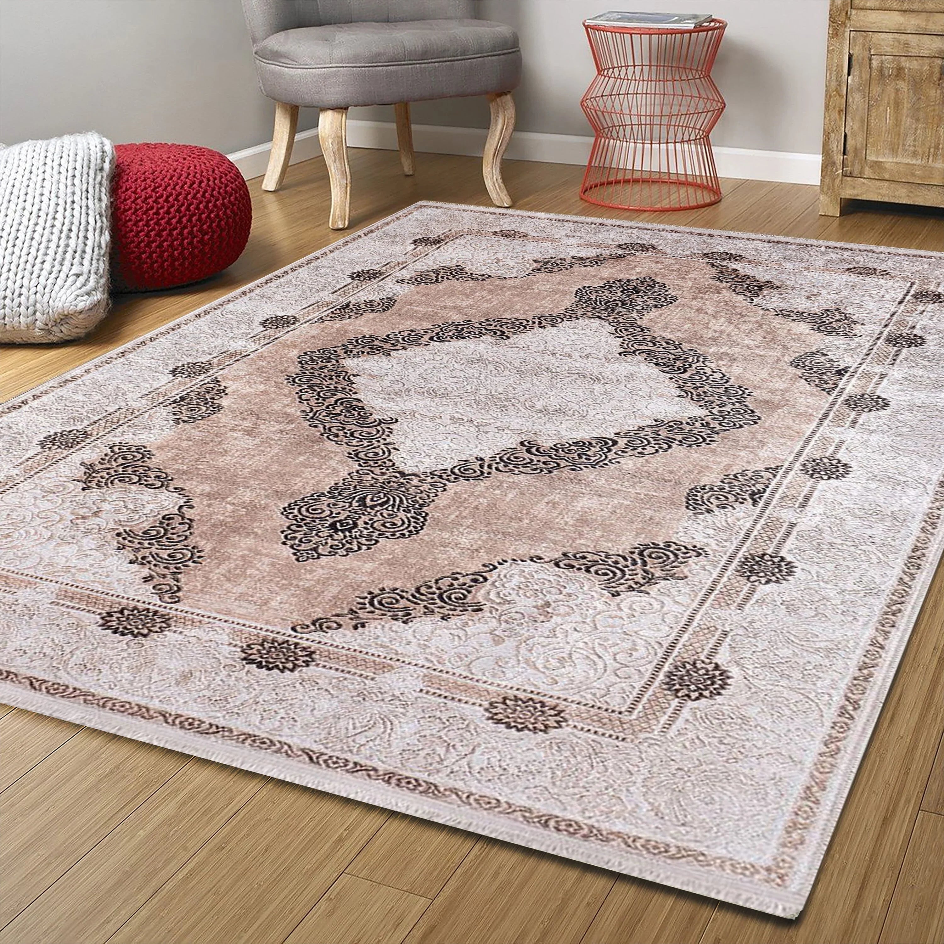 Bej Pembe Eskitme Kahverengi Kilim Halı