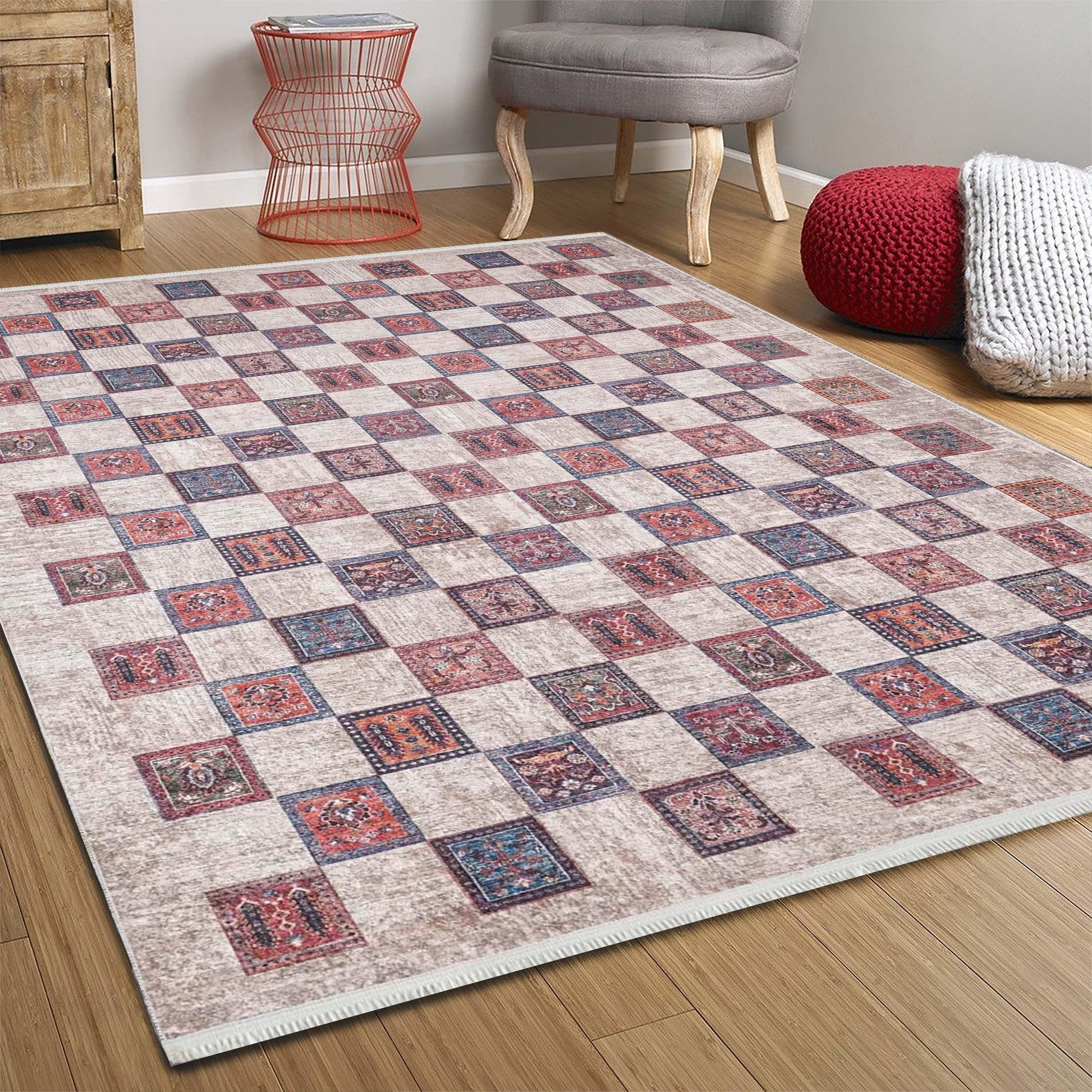 Bej Pembe Gri Geometrik Desenli Halı