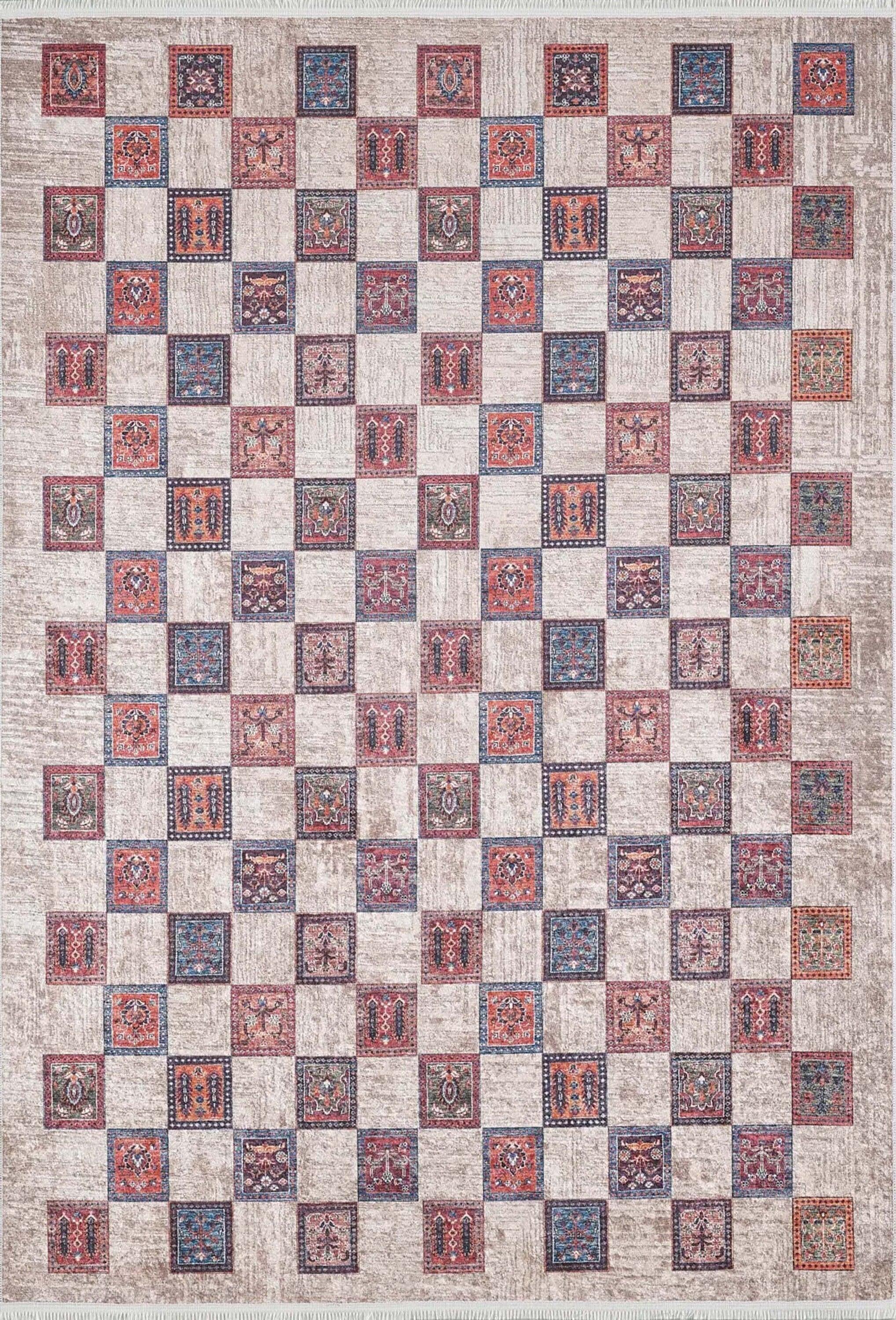 Bej Pembe Gri Geometrik Desenli Halı