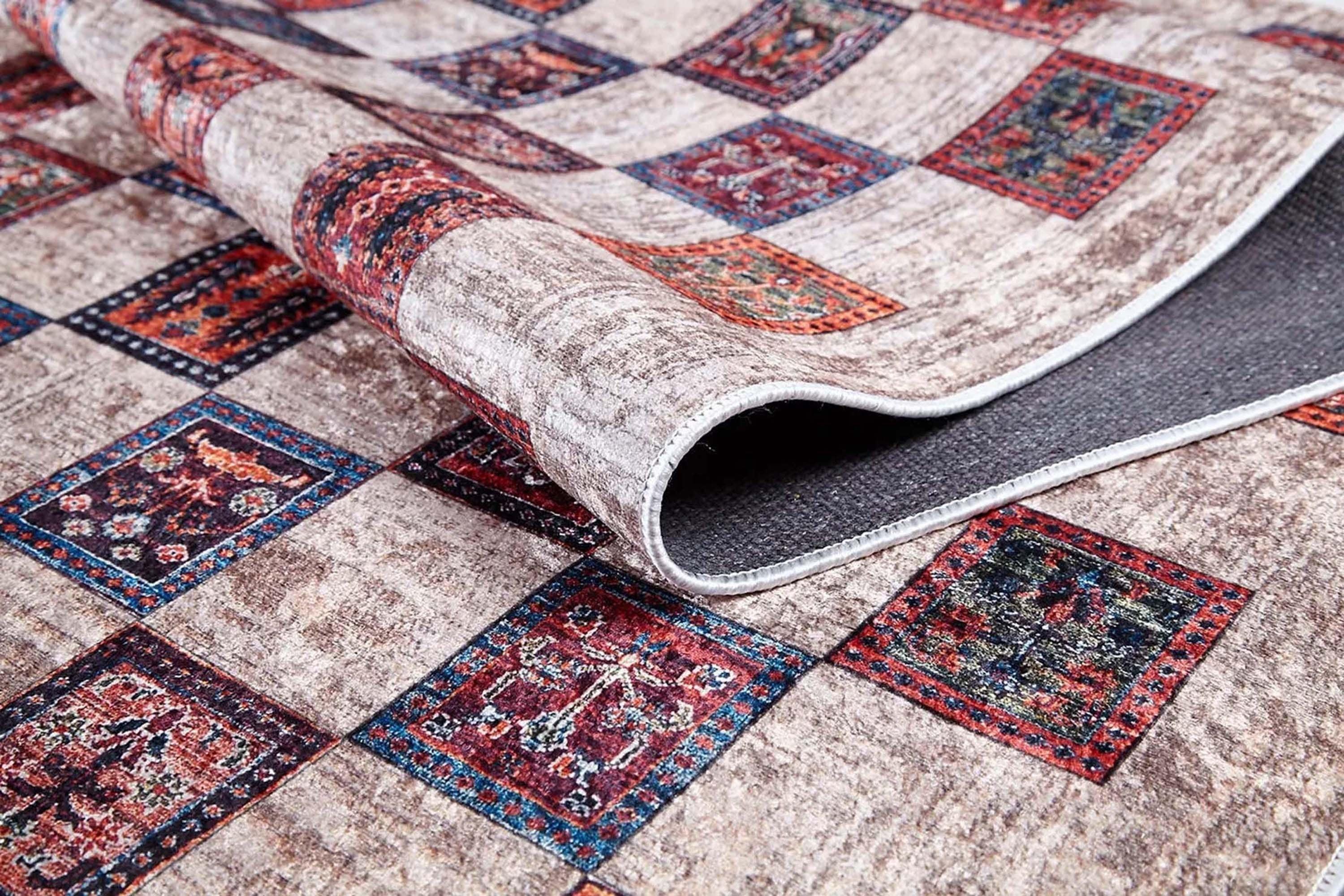 Bej Pembe Gri Geometrik Desenli Halı
