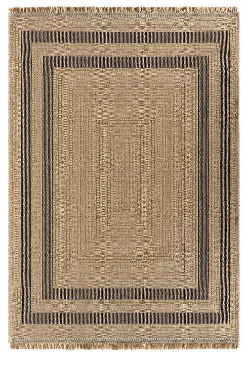 Bej Siyah Dikdörtgen Desenli Modern Halı