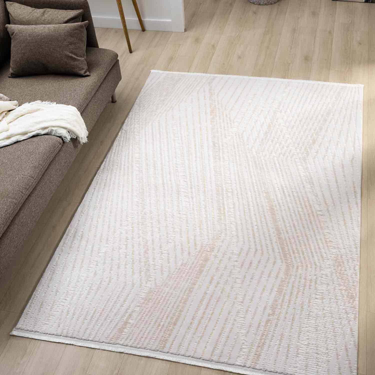 Bej Ton Sür Ton Kabartmalı Zikzak Çizgili Halı