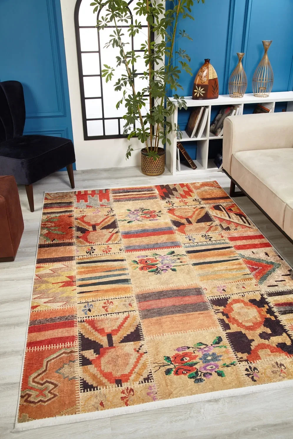 Bej Toprak Tonları Patchwork Görünümlü Halı