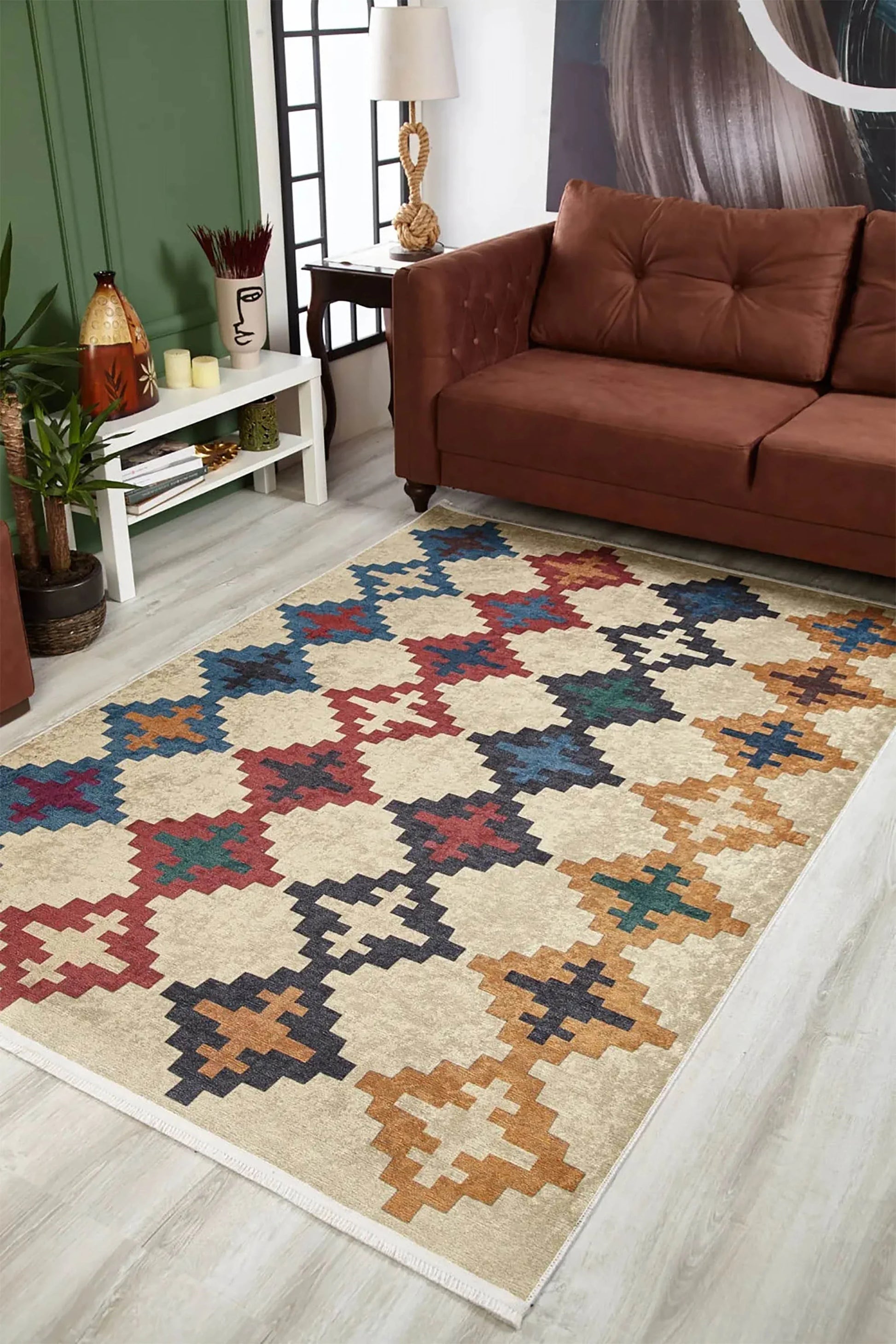 Bej Zeminli Çok Renkli Etnik Desenli Bohem Tarzı Kilim Halı