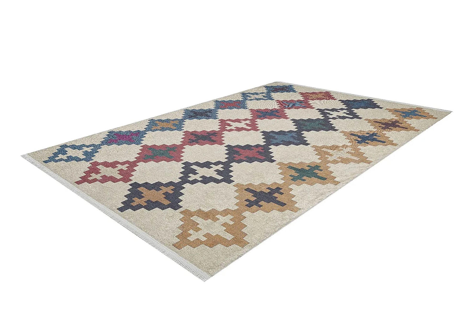 Bej Zeminli Çok Renkli Etnik Desenli Bohem Tarzı Kilim Halı