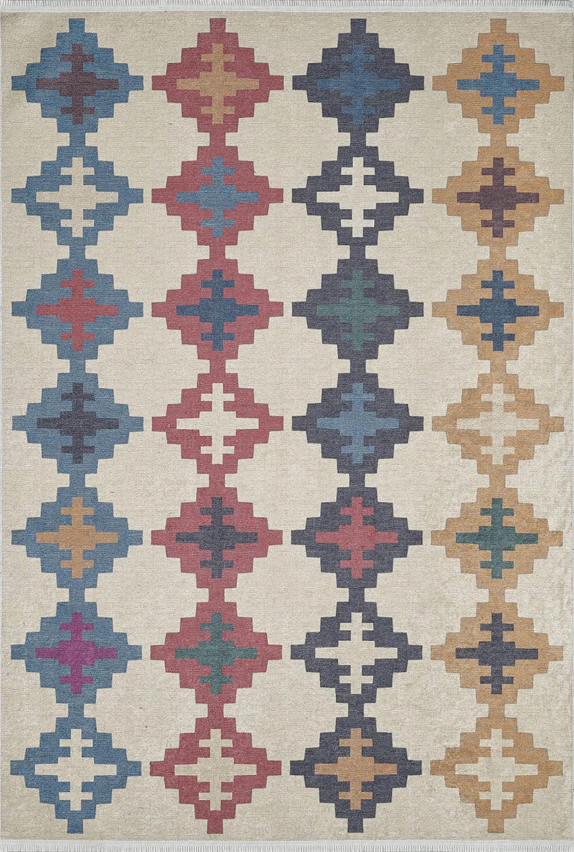 Bej Zeminli Çok Renkli Etnik Desenli Bohem Tarzı Kilim Halı