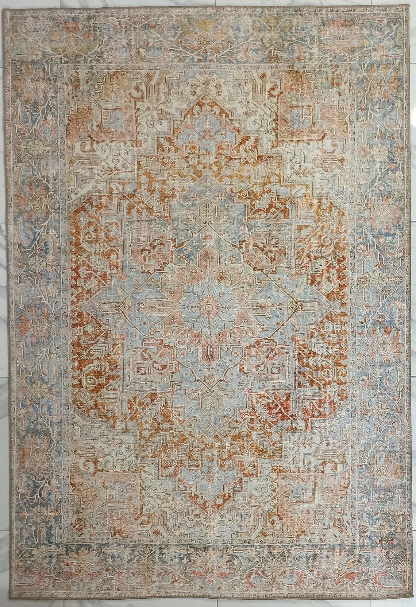 Bej ve Mavi Renkli Eskitilmiş Vintage Halı