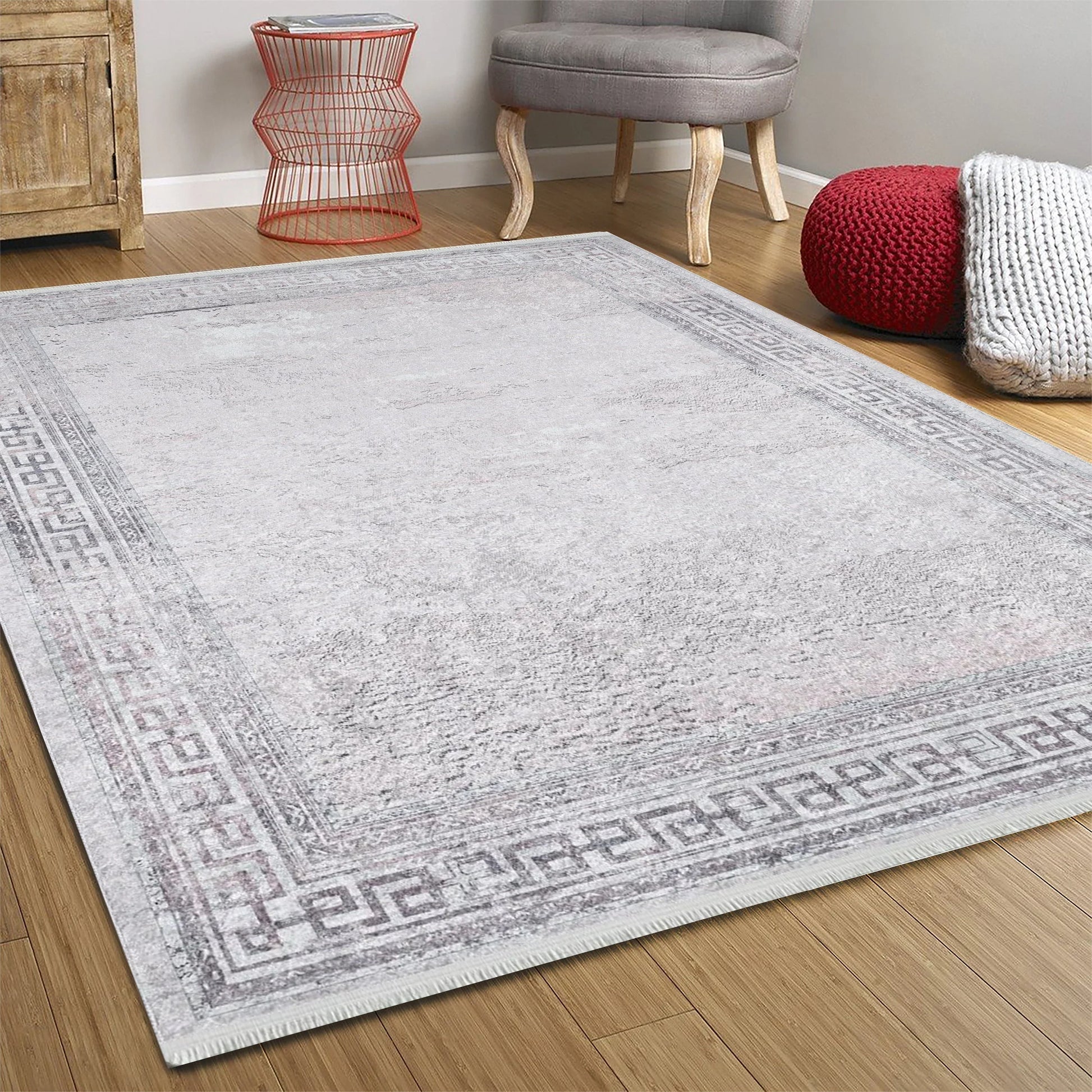 Beyaz Açık Pembe Gri Geometrik Desenli Halı