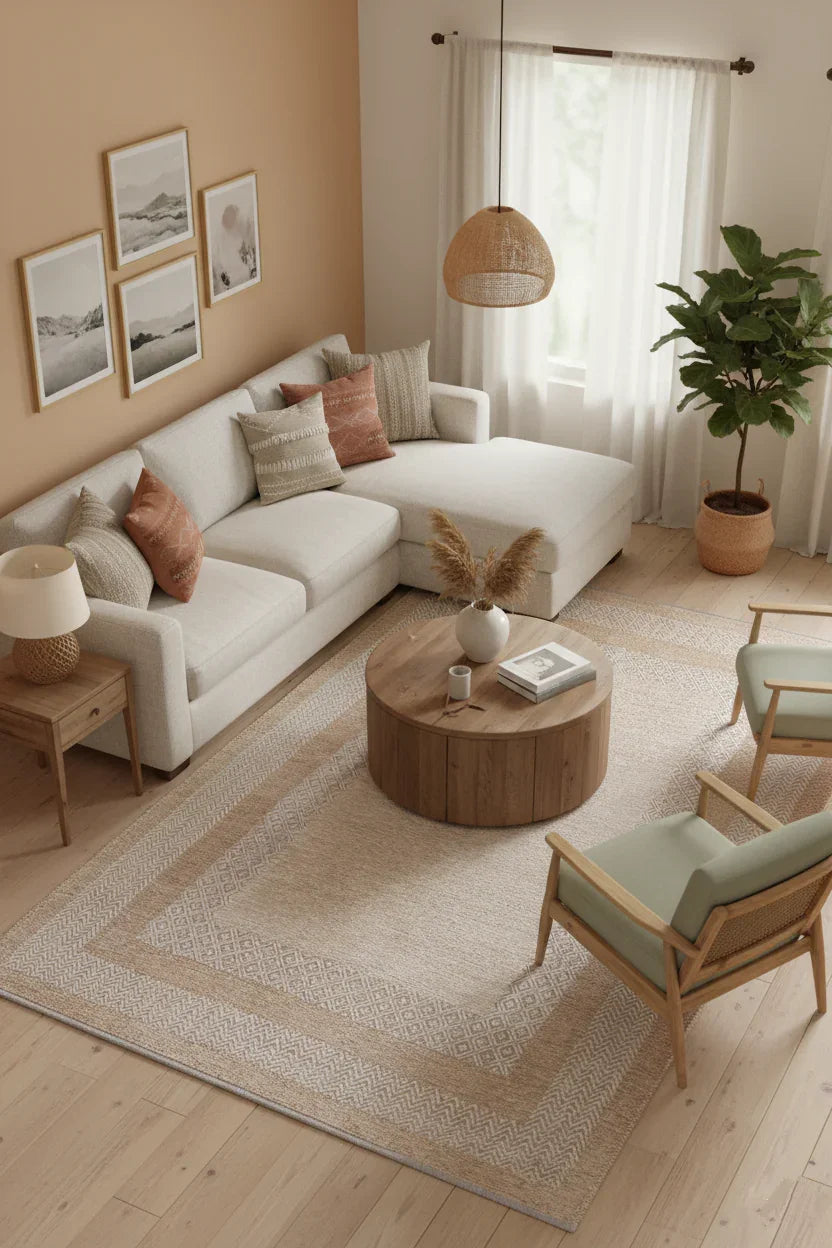 Beyaz Bej Modern Yıkanabilir Antibakteriyel Salon Halısı