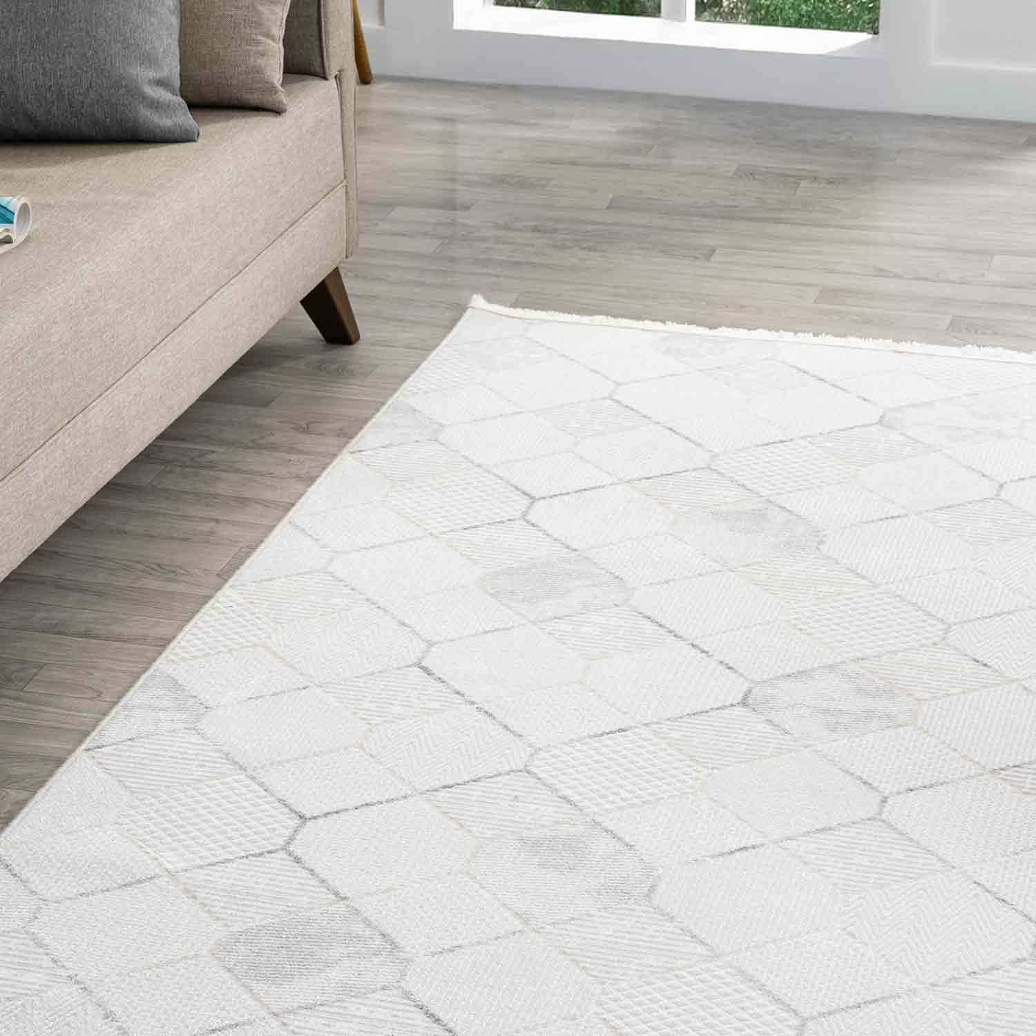 Beyaz Gri Bej Altıgen Geometrik Modern Halı