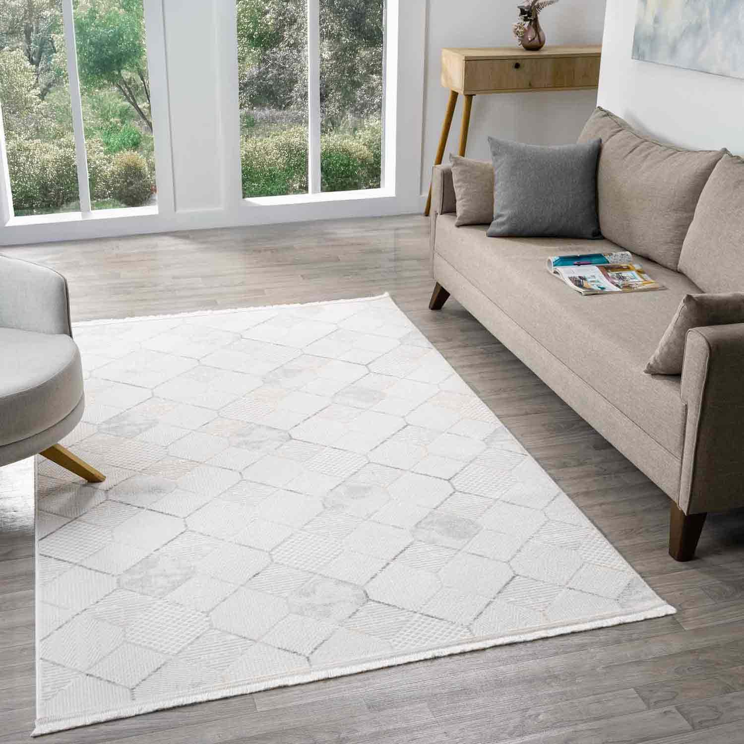Beyaz Gri Bej Altıgen Geometrik Modern Halı