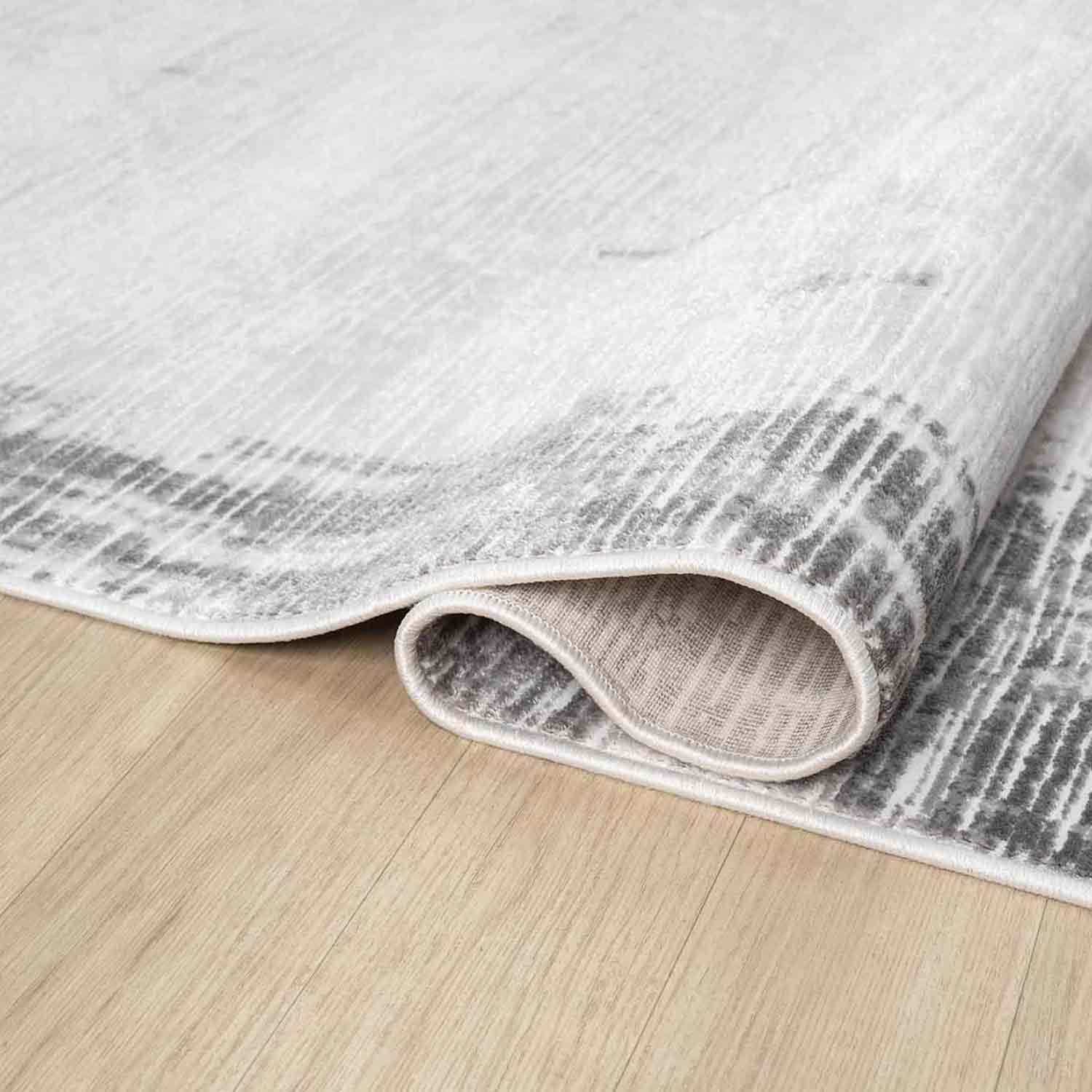 Beyaz Gri Eskitme Bordürlü Soyut Modern Halı