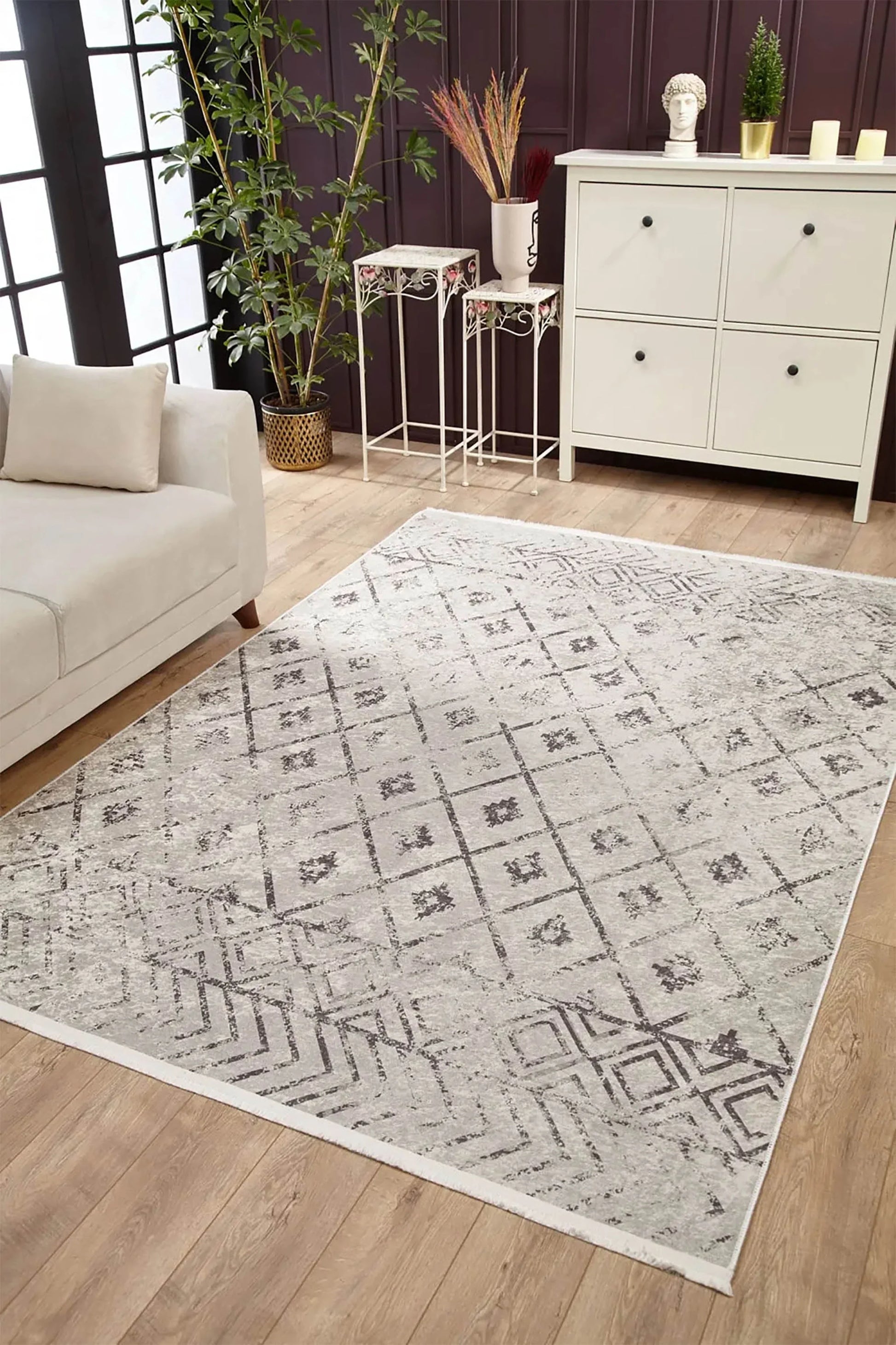 Beyaz Gri Geometrik Antika Benzersiz Vintage Halı
