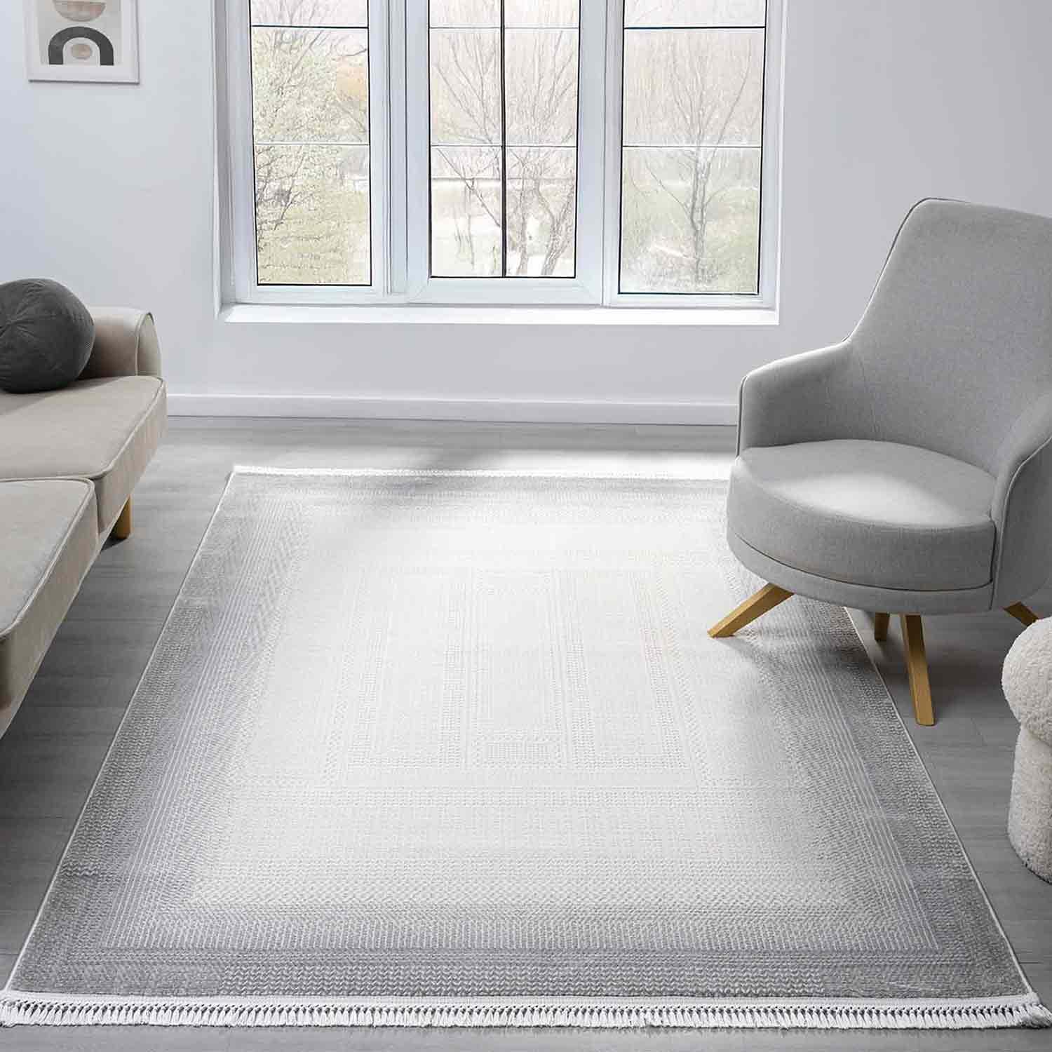 Beyaz Gri Gradien Bordür Modern Halı