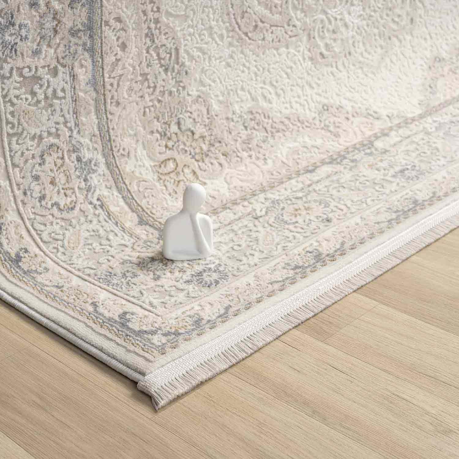Beyaz Gri Krem Klasik Medallion Desenli Halı