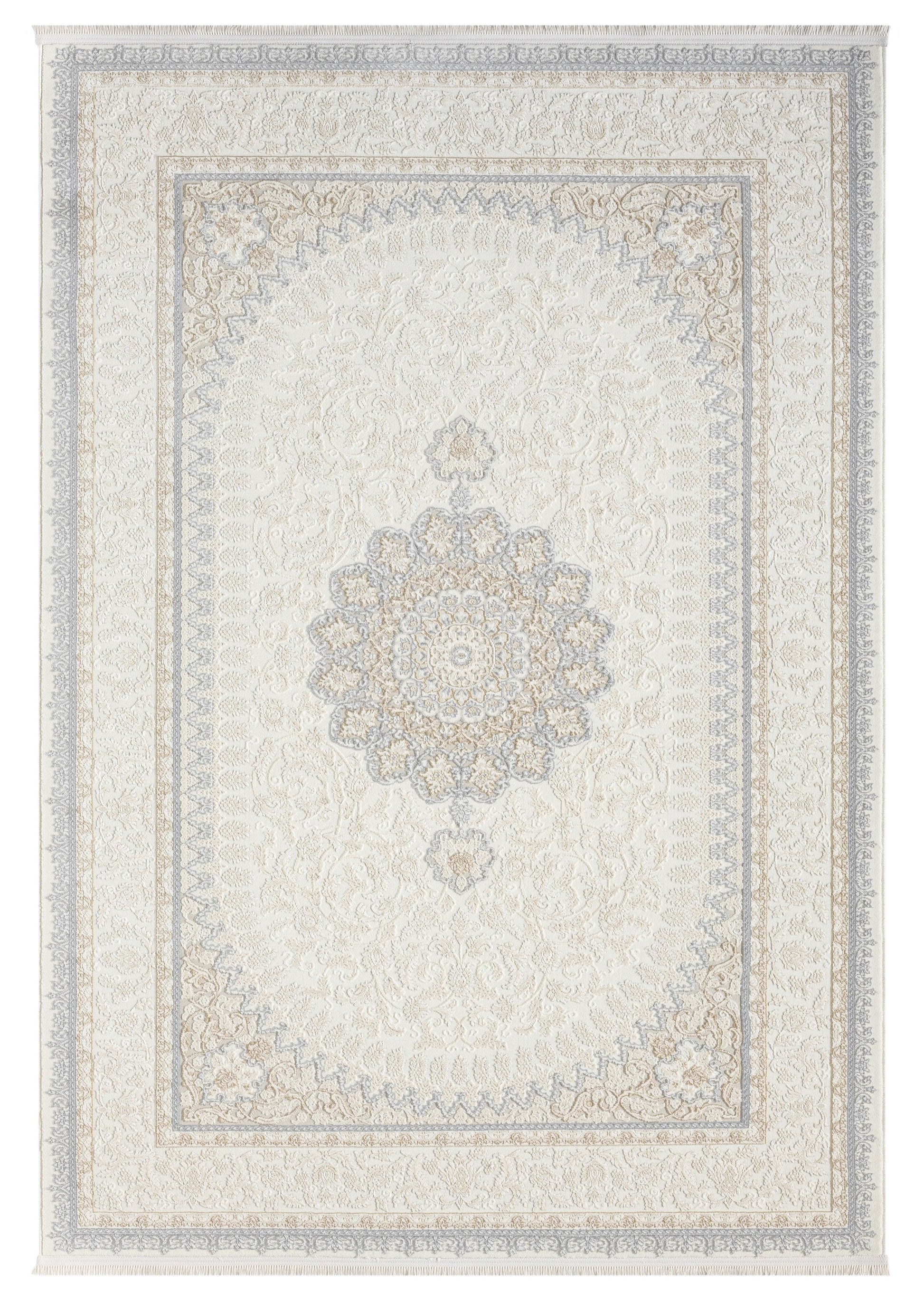 Beyaz Gri Mavi Klasik Medallion Desenli Halı