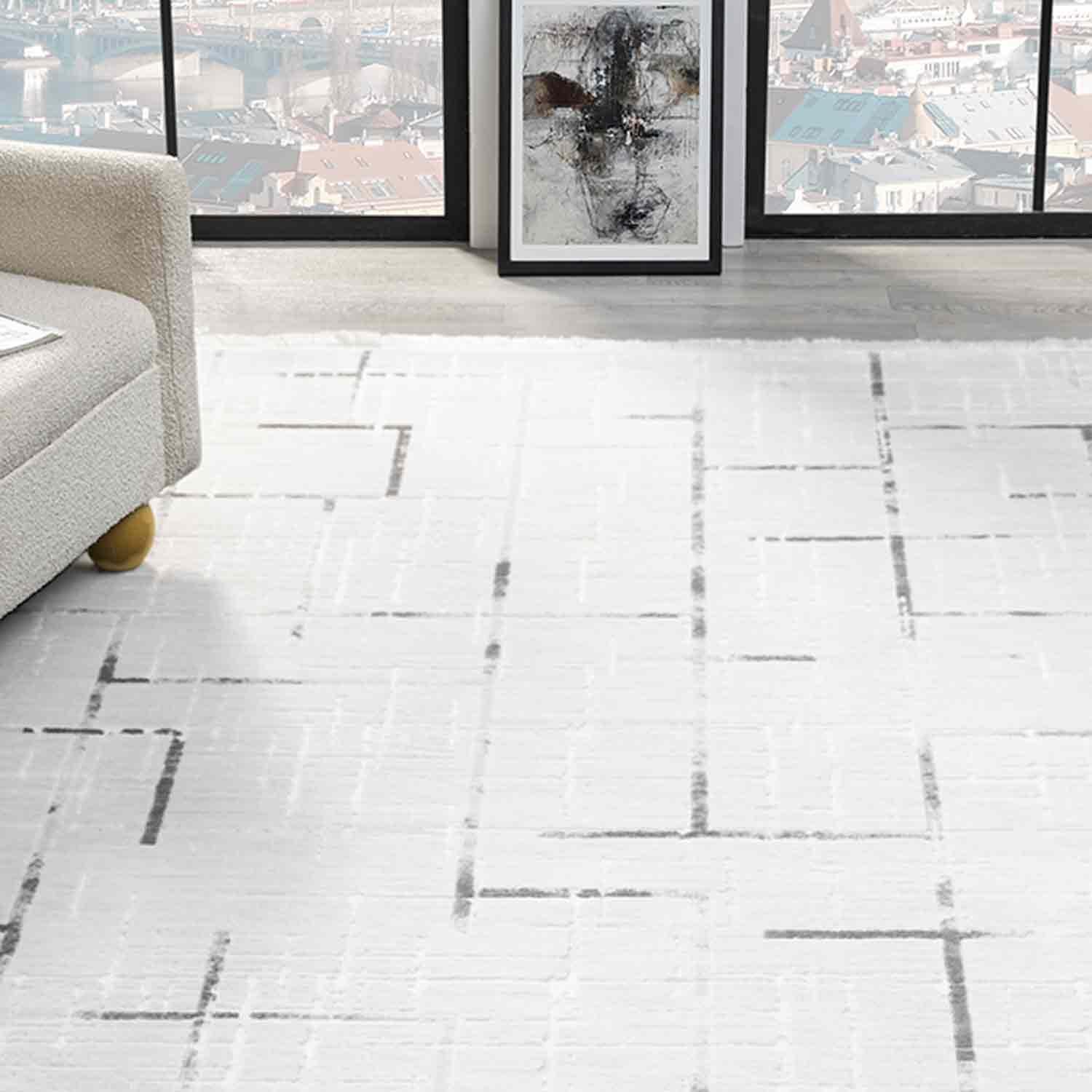 Beyaz Gri Siyah Soyut Çizgili Modern Halı