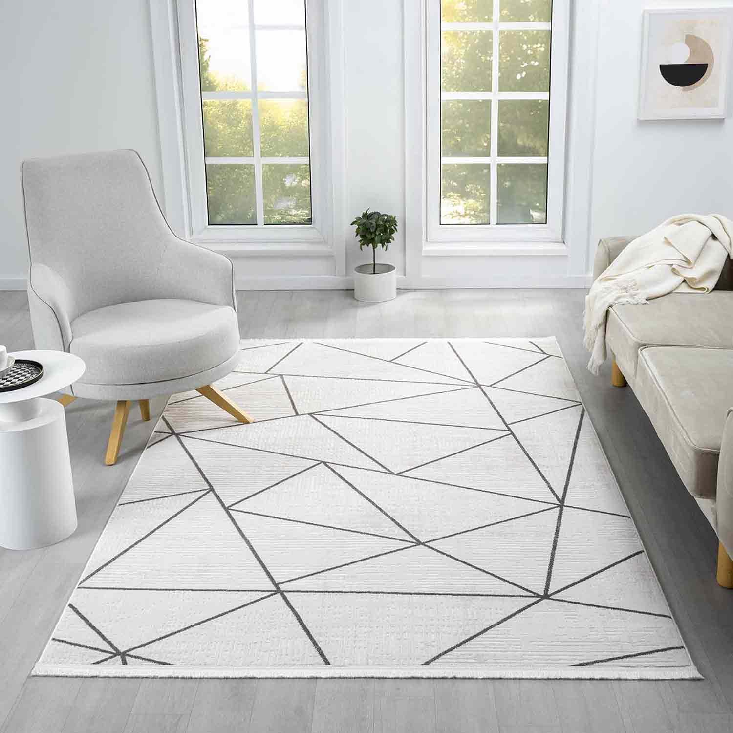 Beyaz Gri Siyah Üçgen Geometrik Modern Halı