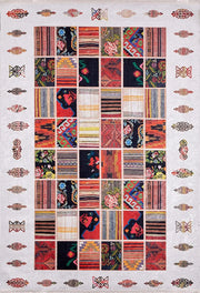 Beyaz Zemin Çok Renkli Otantik Patchwork Görünümlü Halı