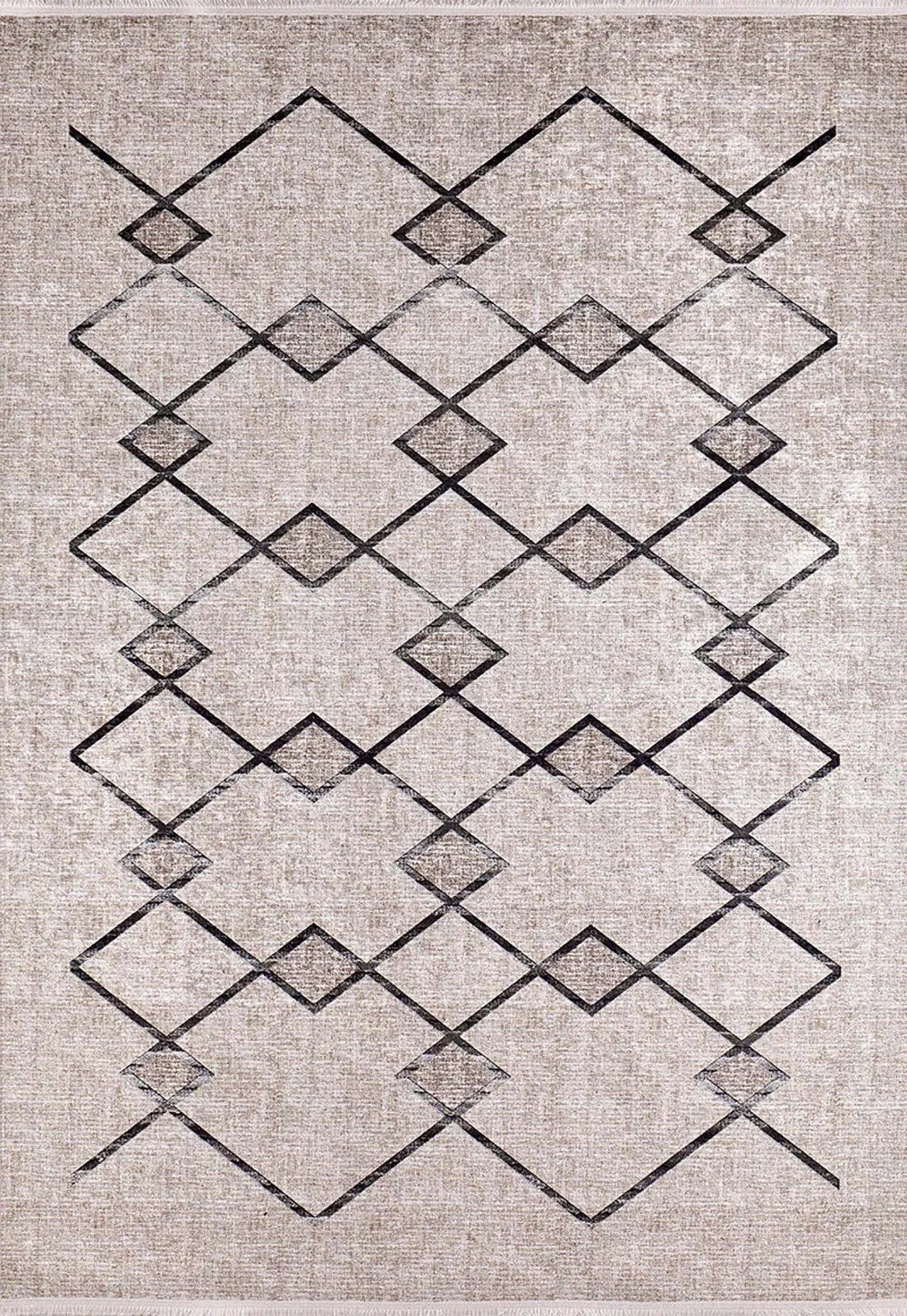 Bohem Bej Siyah Geometrik Desenli Halı