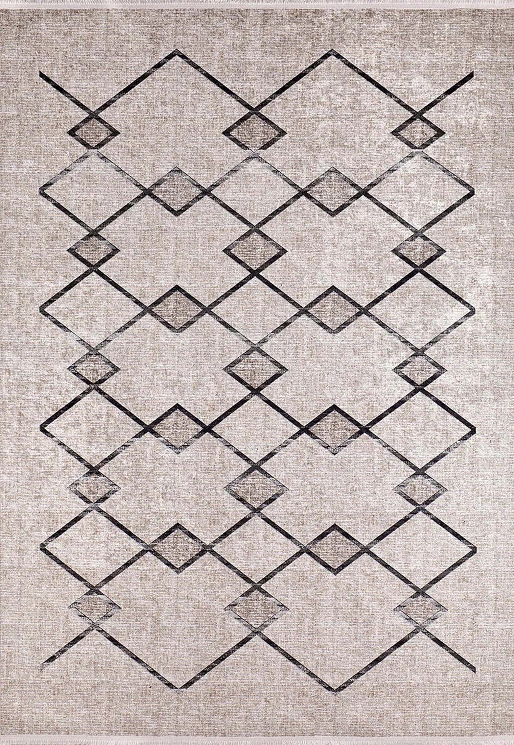 Bohem Bej Siyah Geometrik Desenli Halı