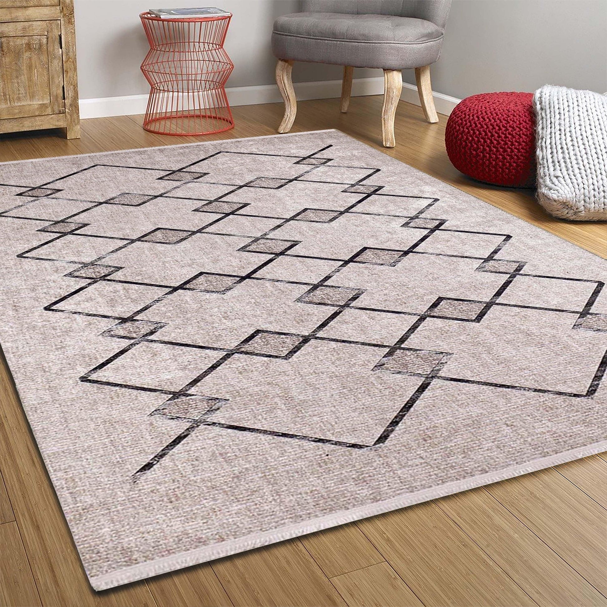 Bohem Bej Siyah Geometrik Desenli Halı