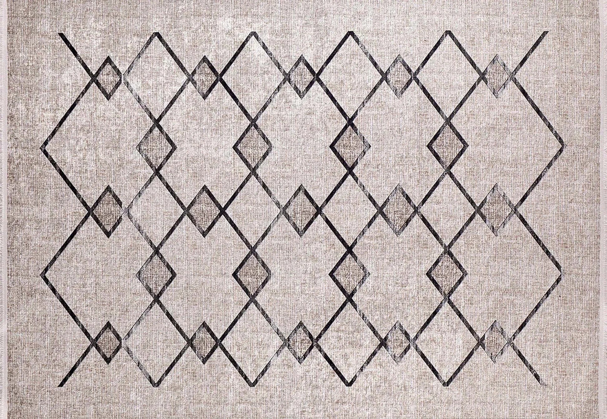 Bohem Bej Siyah Geometrik Desenli Halı