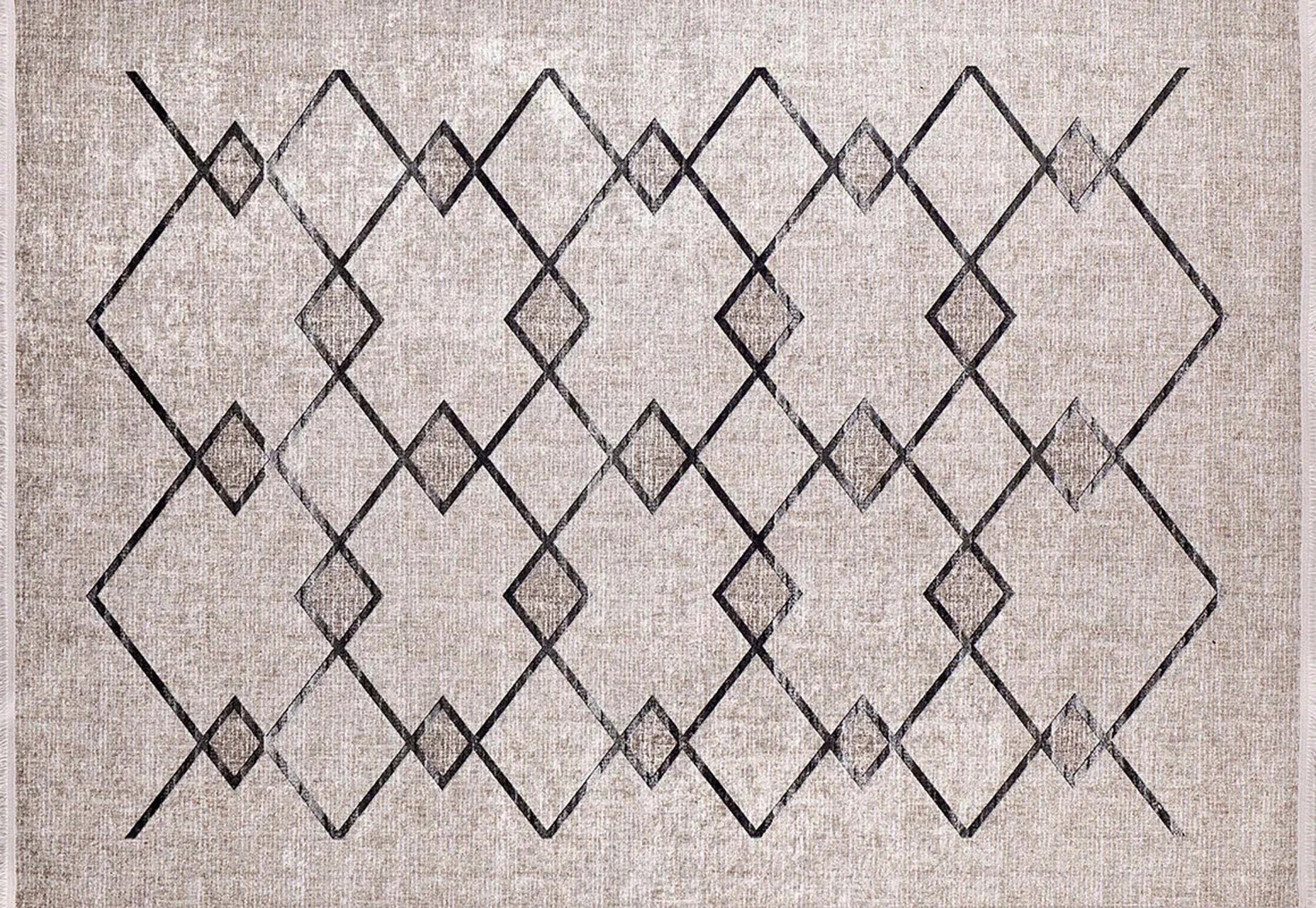 Bohem Bej Siyah Geometrik Desenli Halı