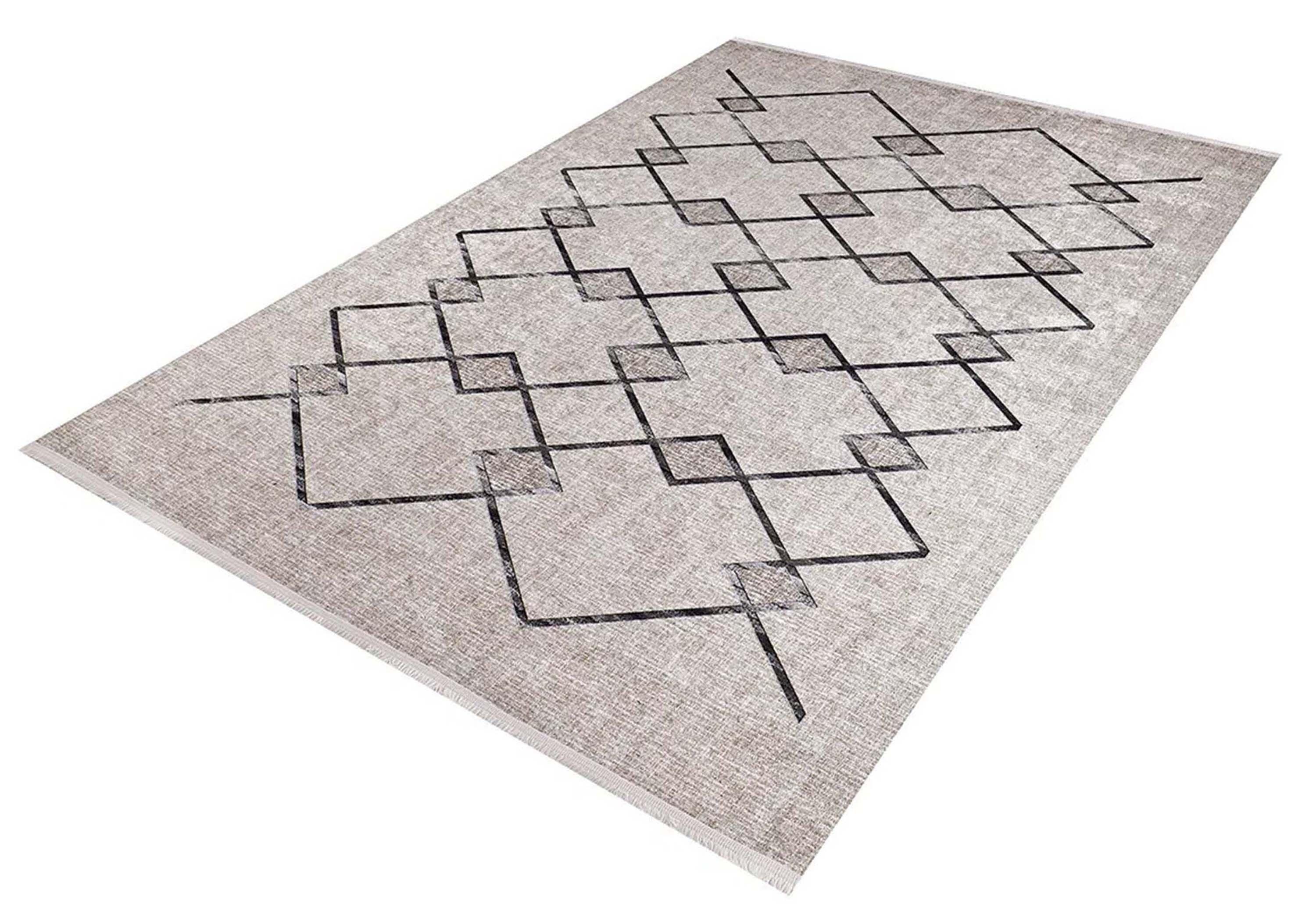 Bohem Bej Siyah Geometrik Desenli Halı