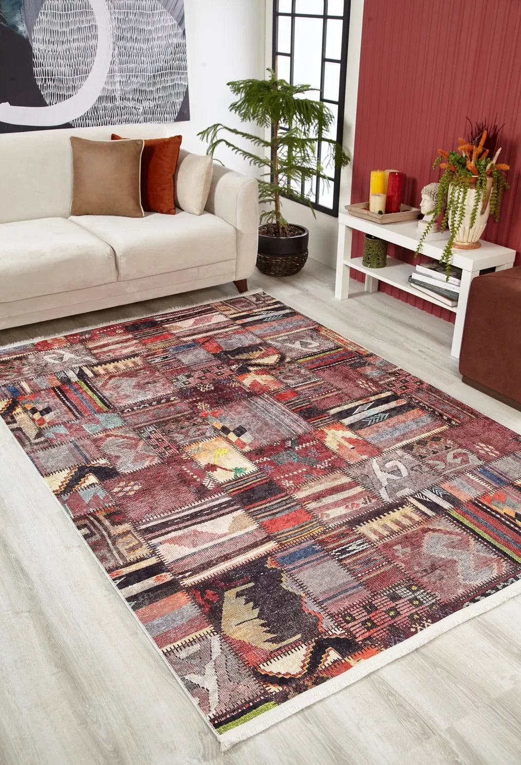 Bordo Gri Kahve Etnik Kilim Patchwork Görünümlü Halı