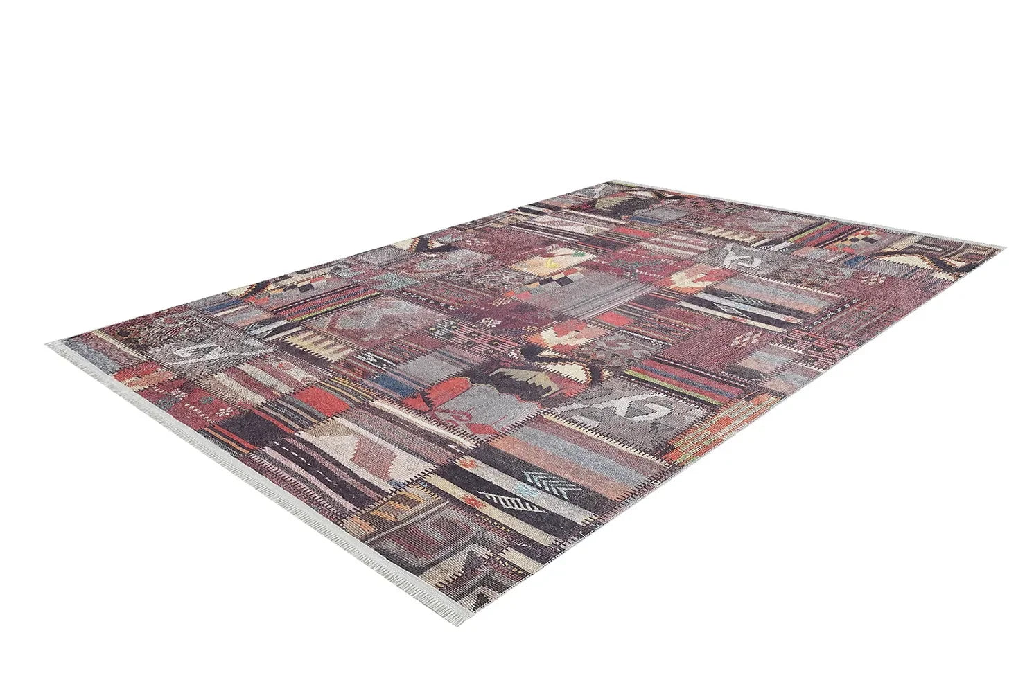 Bordo Gri Kahve Etnik Kilim Patchwork Görünümlü Halı