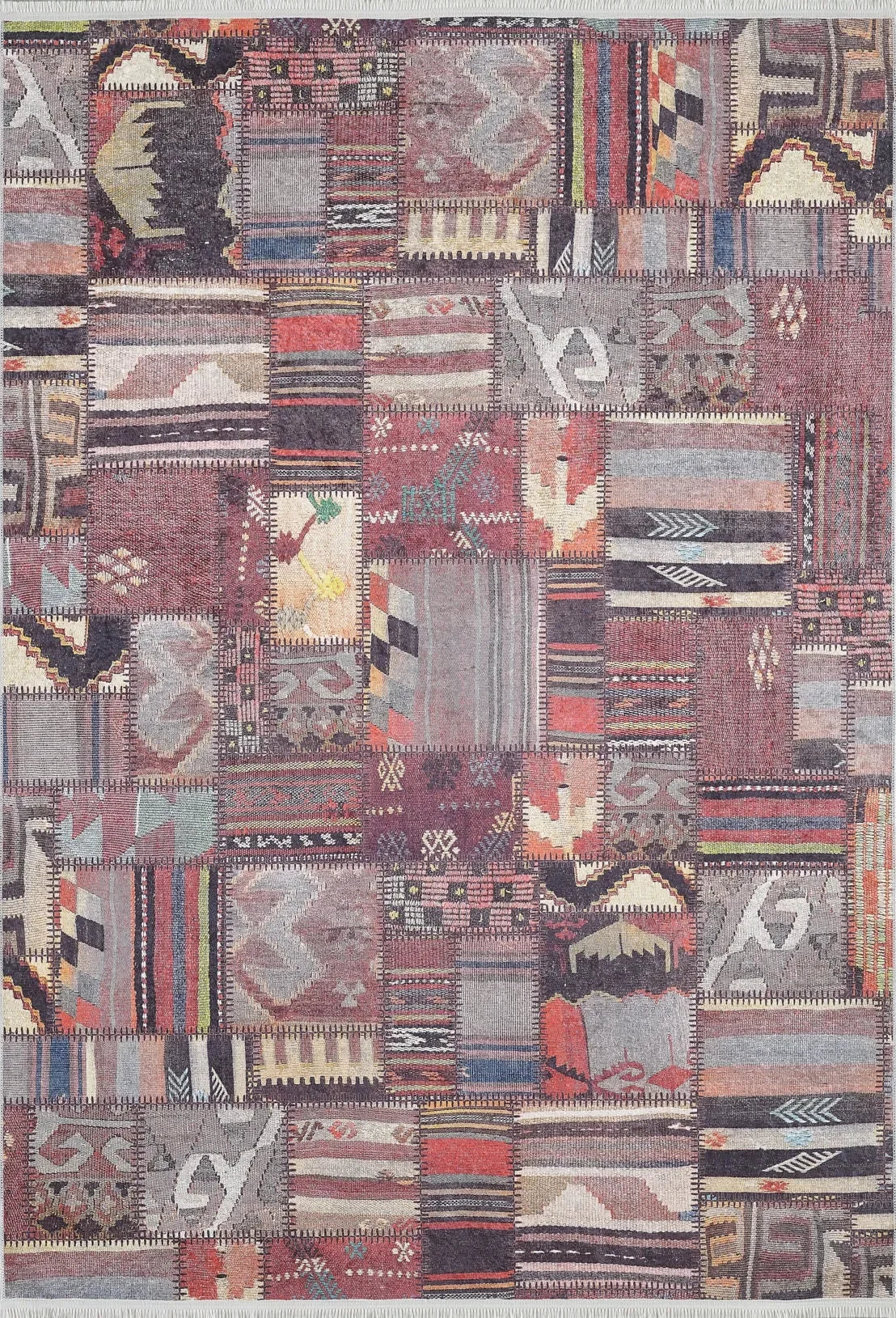 Bordo Gri Kahve Etnik Kilim Patchwork Görünümlü Halı