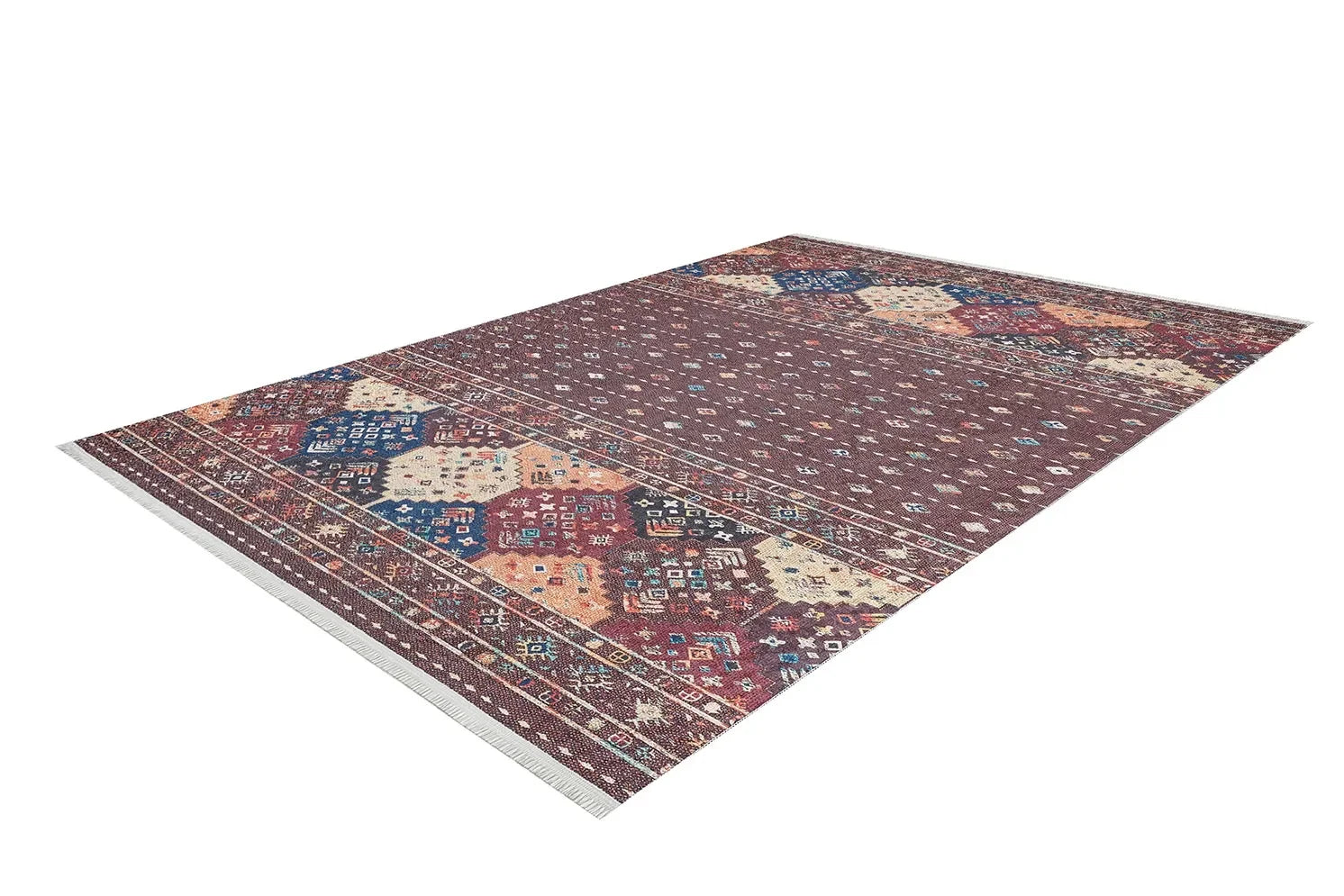 Bordo Kahve Etnik Şerit Desenli Modern Halı