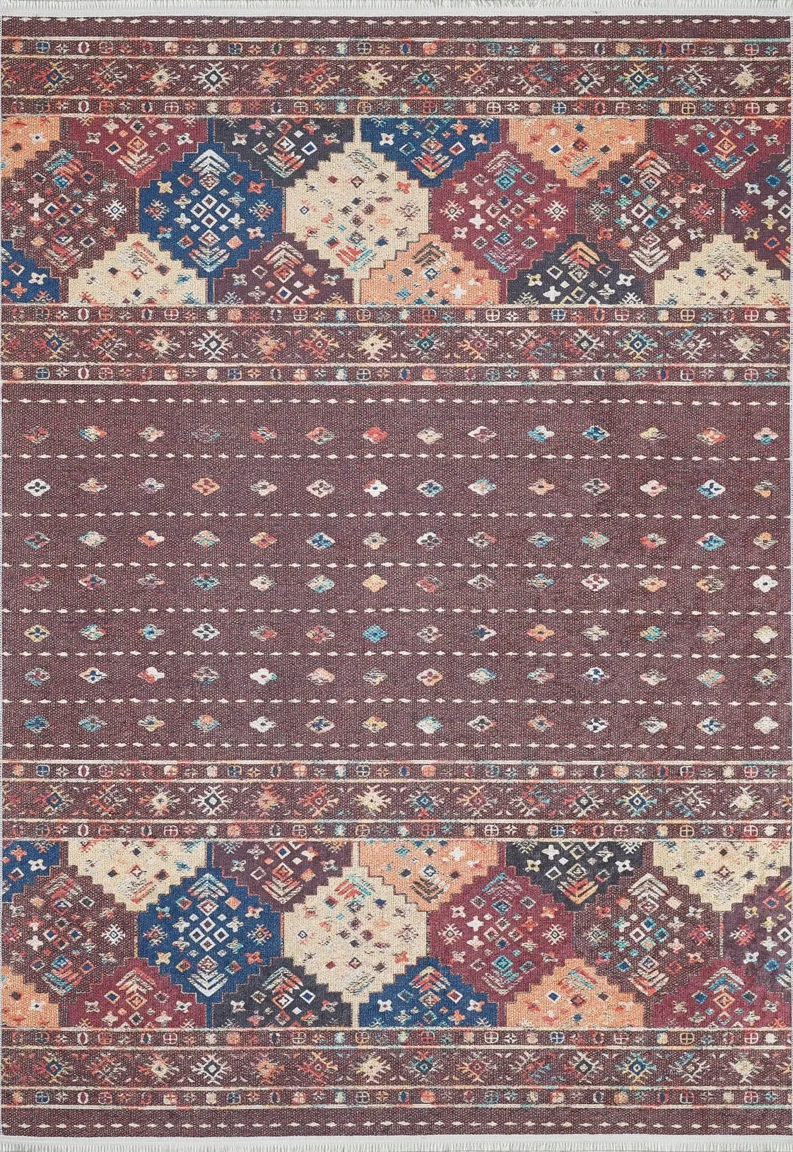 Bordo Kahve Etnik Şerit Desenli Modern Halı